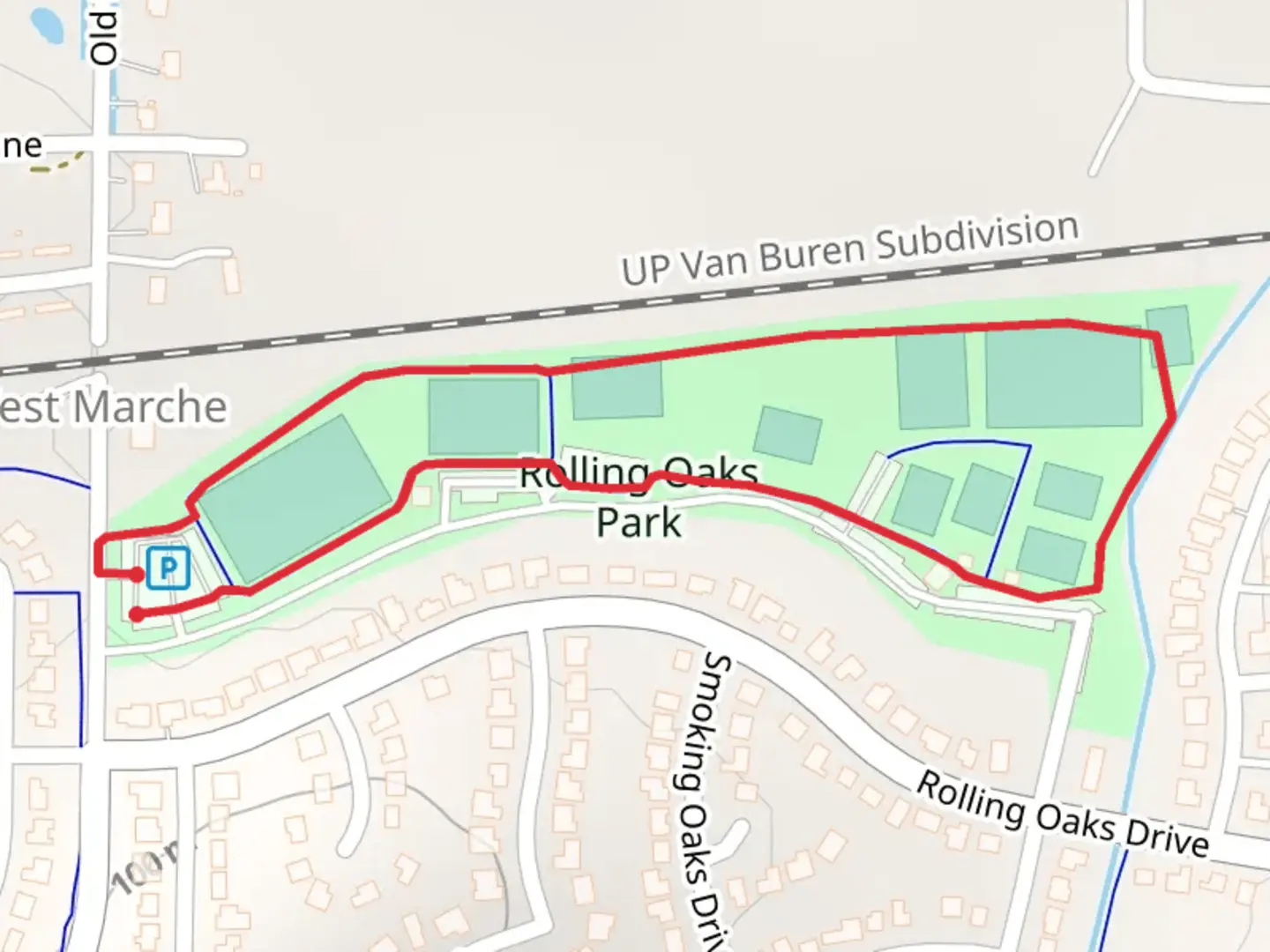 An image depicting the trail Rollings Oaks Park Loop and its surrounding area.