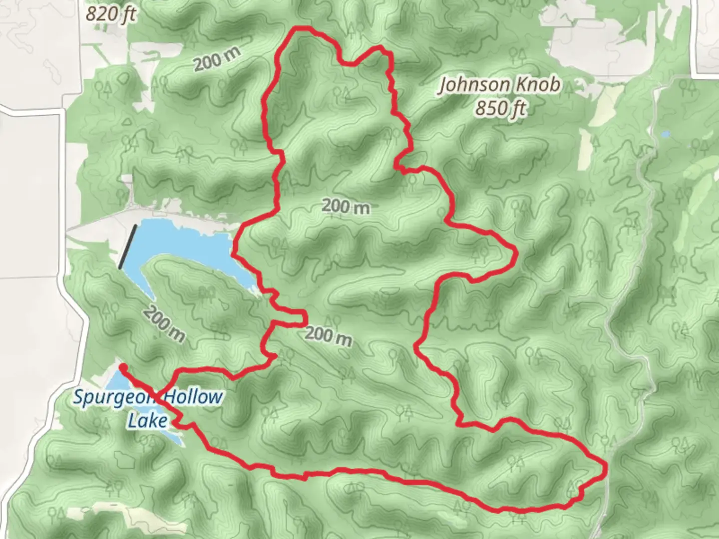 An image depicting the trail Spurgeon Hollow Lake - Knobstone Loop Trail and its surrounding area.