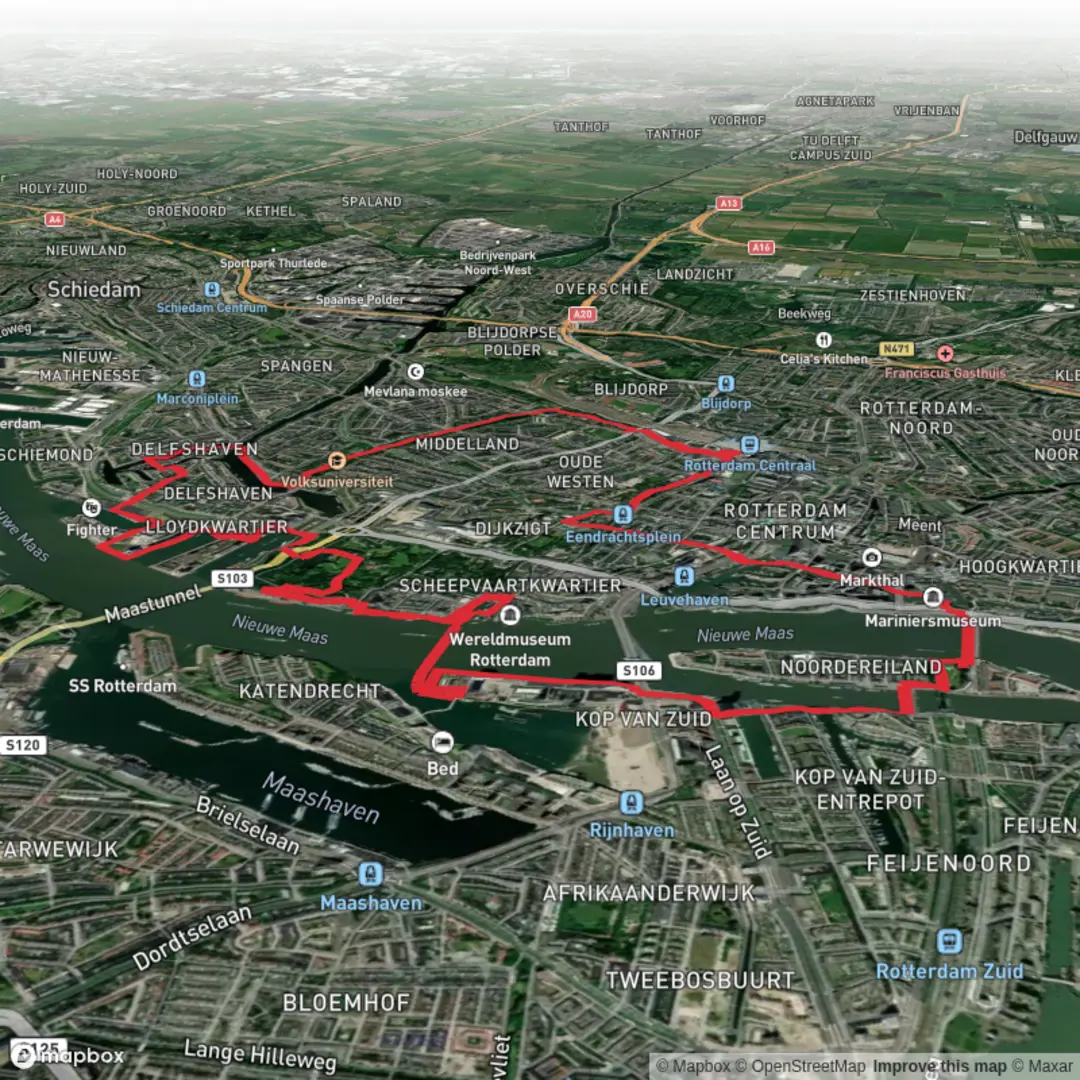 An image depicting the trail Rochussenstraat, Westerkade and Wilnelminakade Loop and its surrounding area.