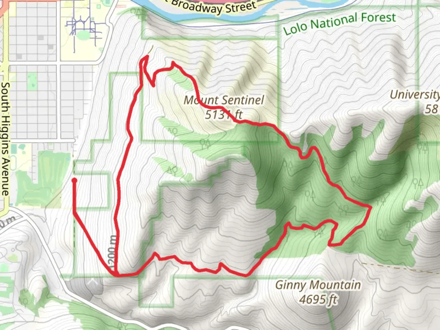 An image depicting the trail Slant, Crooked and Mount Sentinel Loop Trail and its surrounding area.