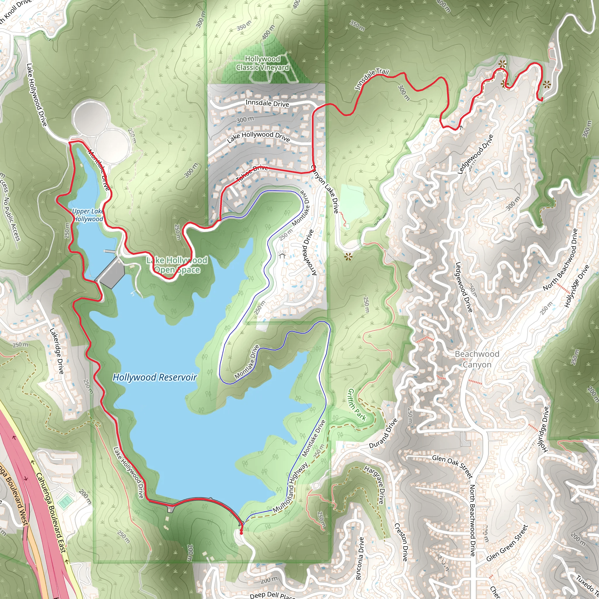 Lake Hollywood Reservoir and Innsdale Trail mobile static map