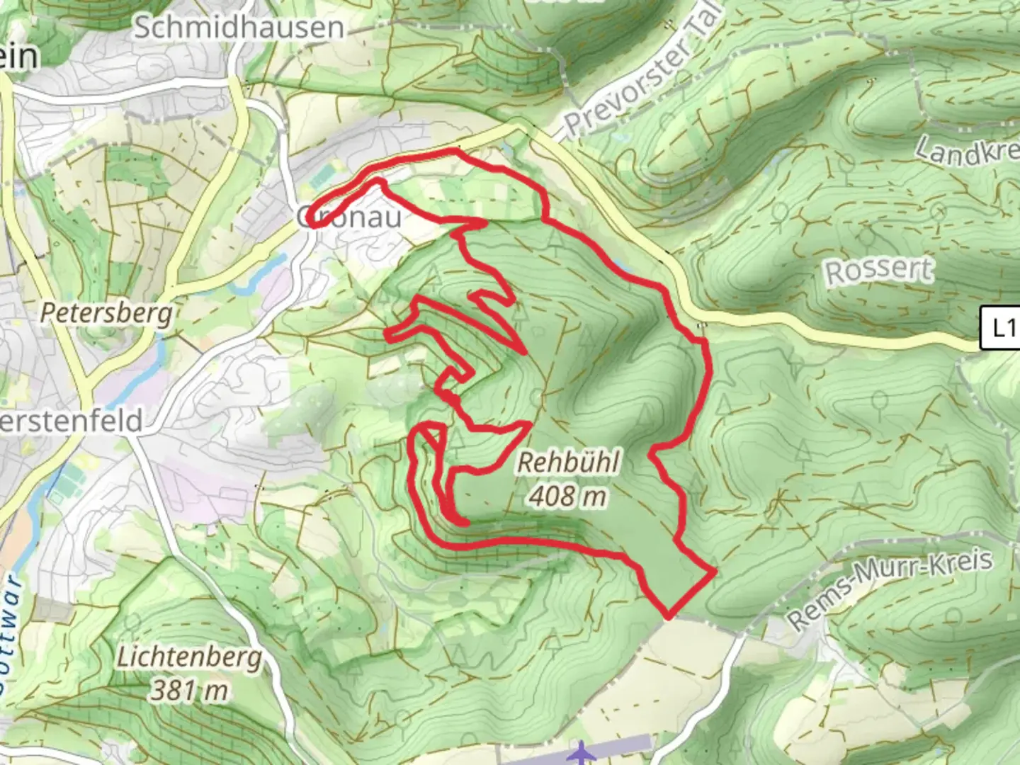An image depicting the trail Gronau Trail and Birk Trail and its surrounding area.