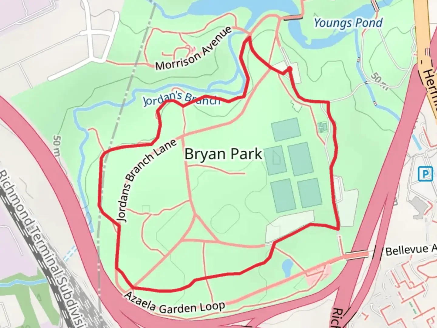 An image depicting the trail Bryan Park Loop and its surrounding area.