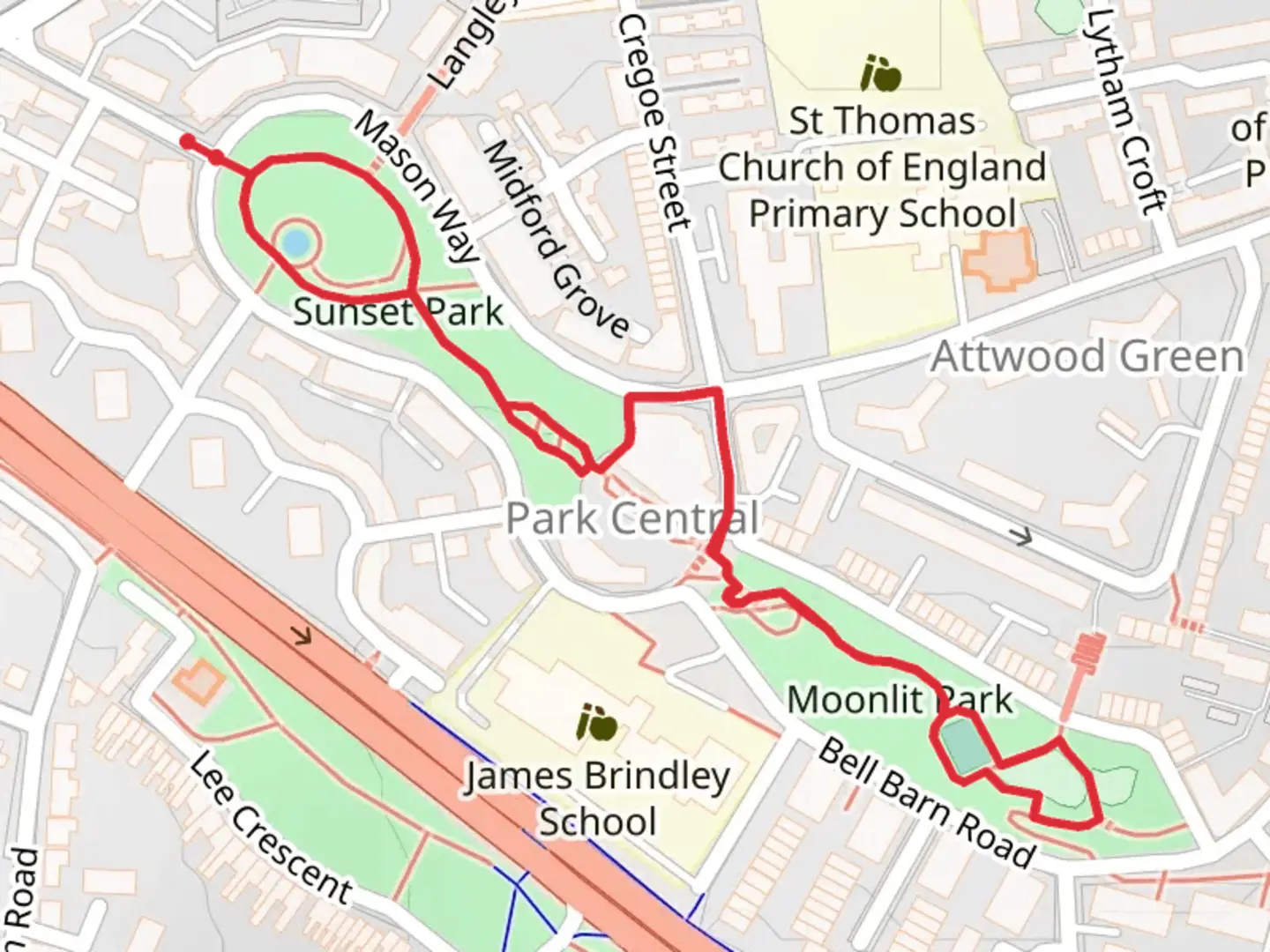 An image depicting the trail Sunset Park and Moonlit Park Loop and its surrounding area.