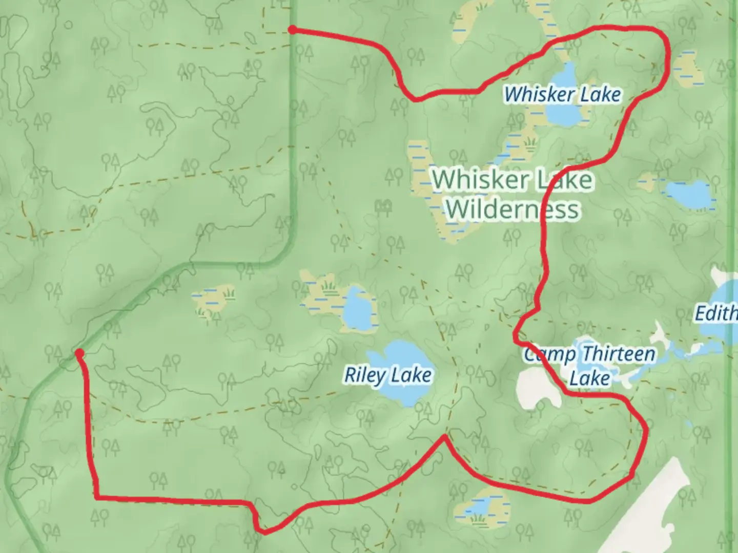 An image depicting the trail Whisker Lake Wilderness Trail and its surrounding area.