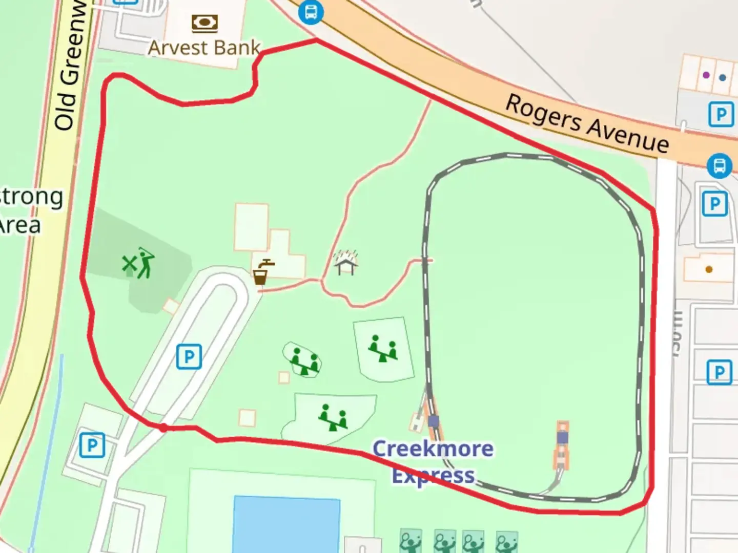 An image depicting the trail Creekmore Park Loop and its surrounding area.