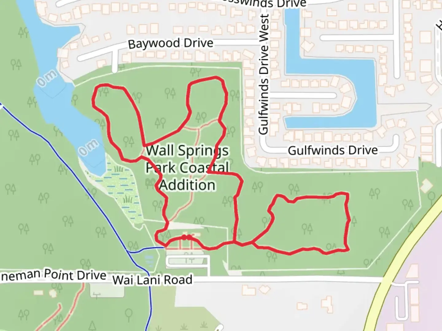 An image depicting the trail Wall Springs Park Coastal Addition Loop and its surrounding area.