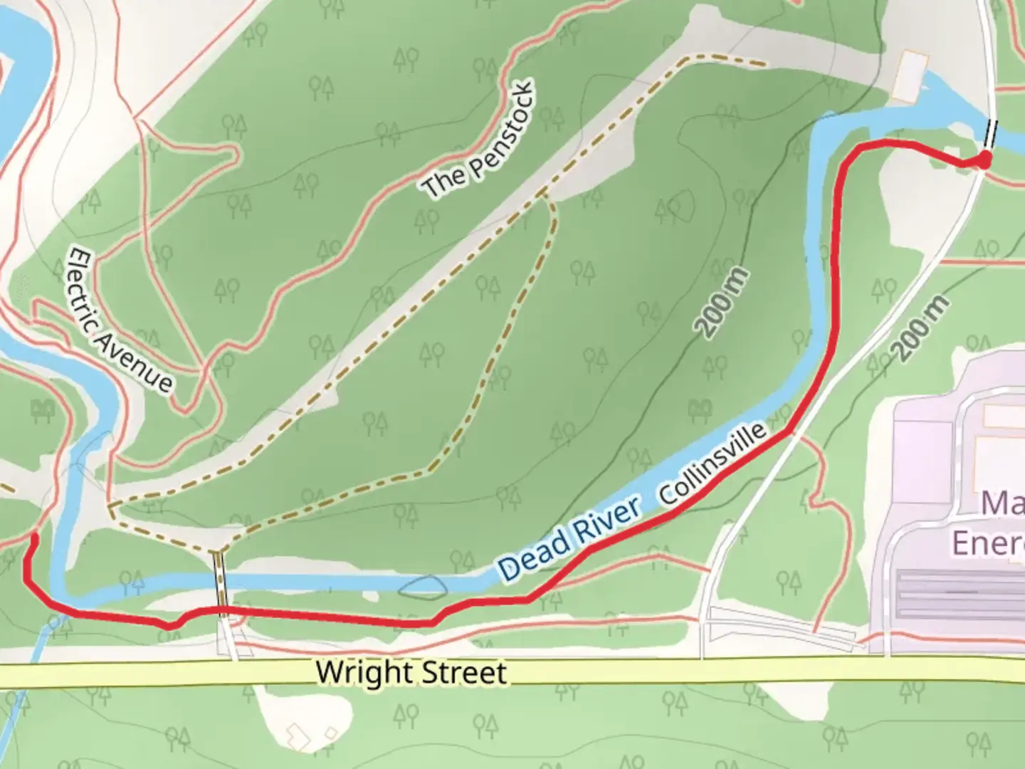 An image depicting the trail Collinsville along Dead River and its surrounding area.