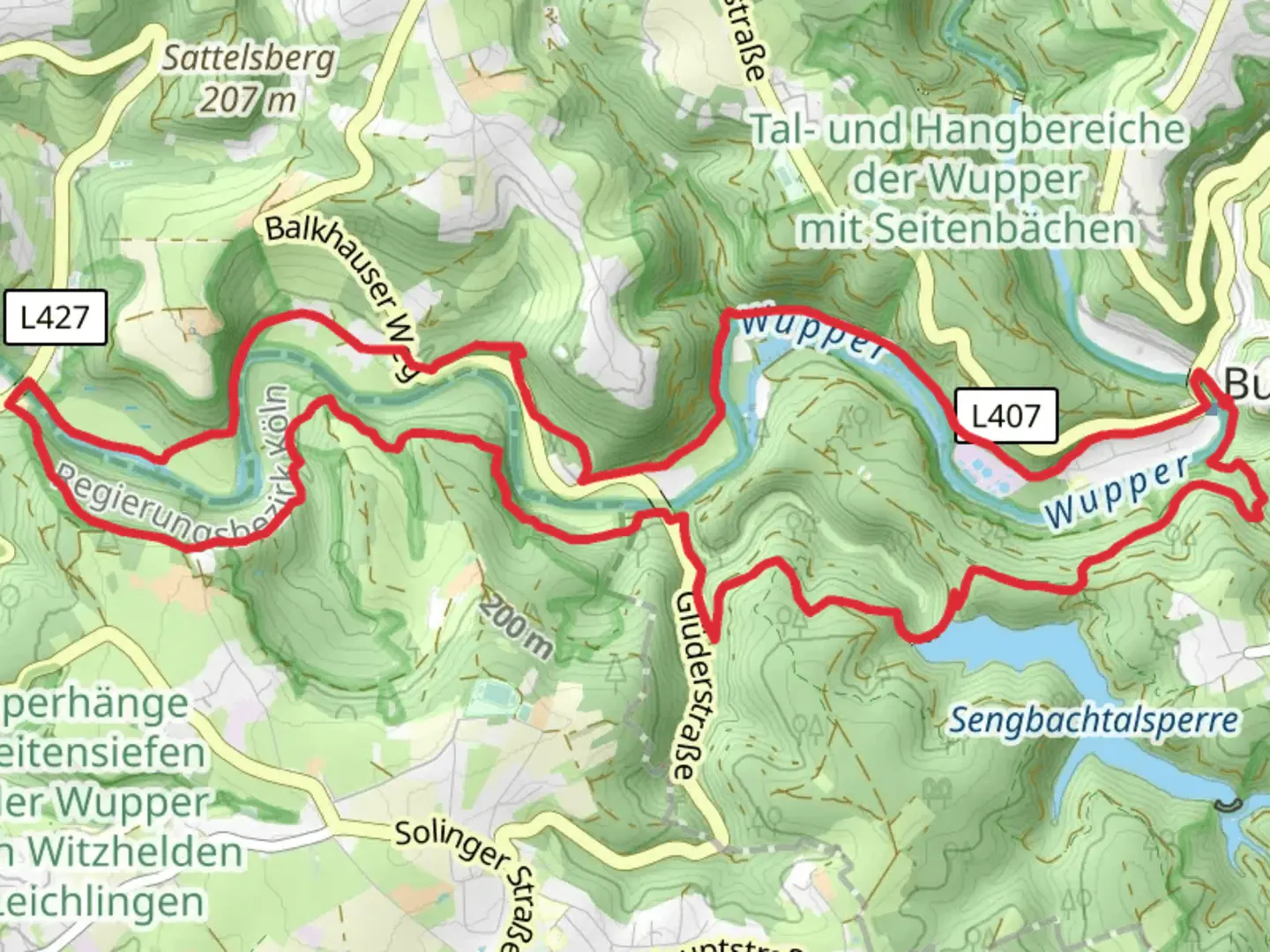 An image depicting the trail Wupper Scenic Loop - Balkhausen and its surrounding area.