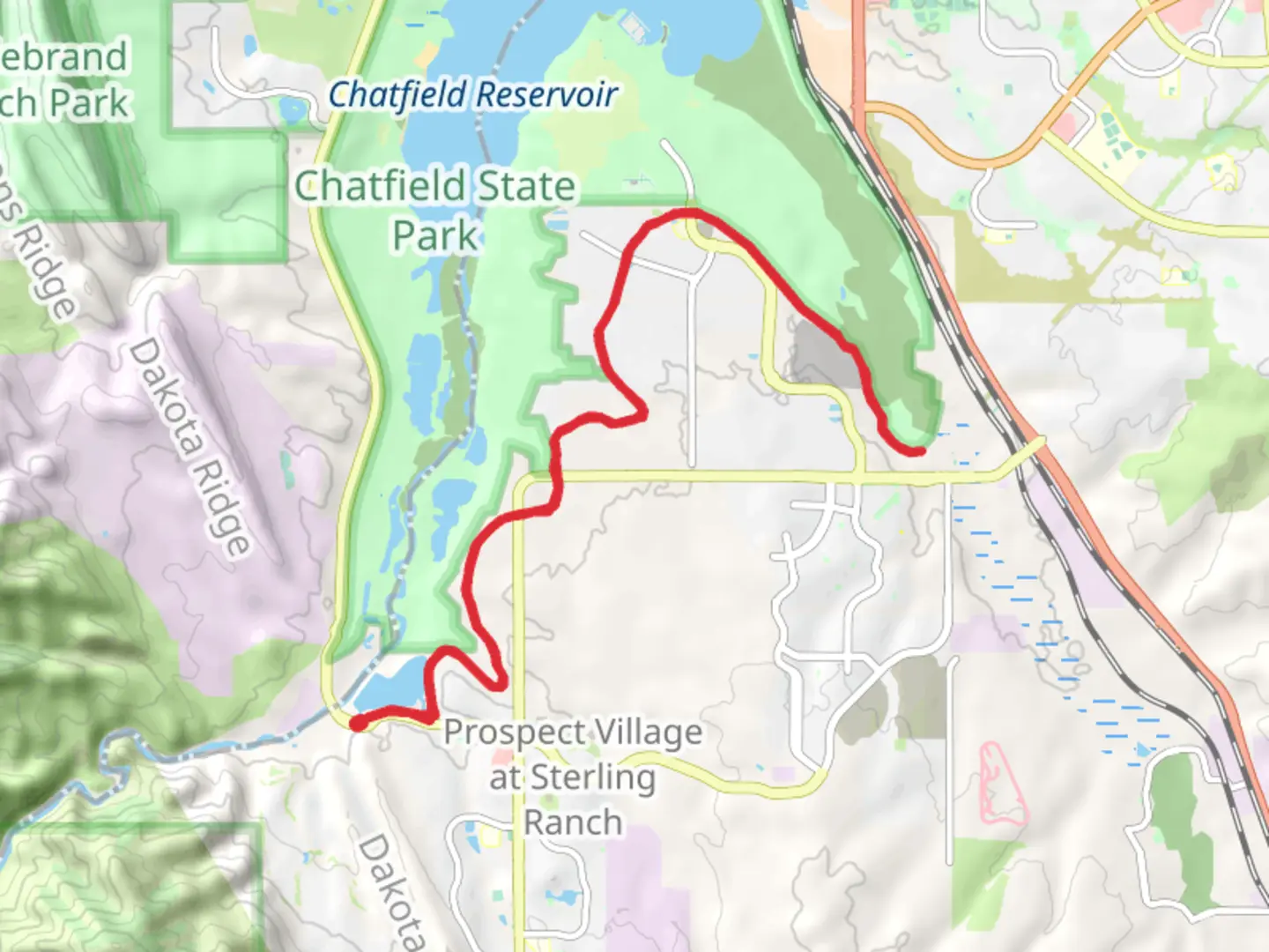 An image depicting the trail High Line Canal Trail from Platte Canyon Reservoir and its surrounding area.