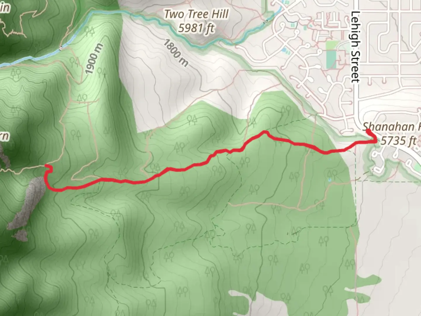 An image depicting the trail Shanahan - North Fork and Shanahan - Mesa Trail and its surrounding area.