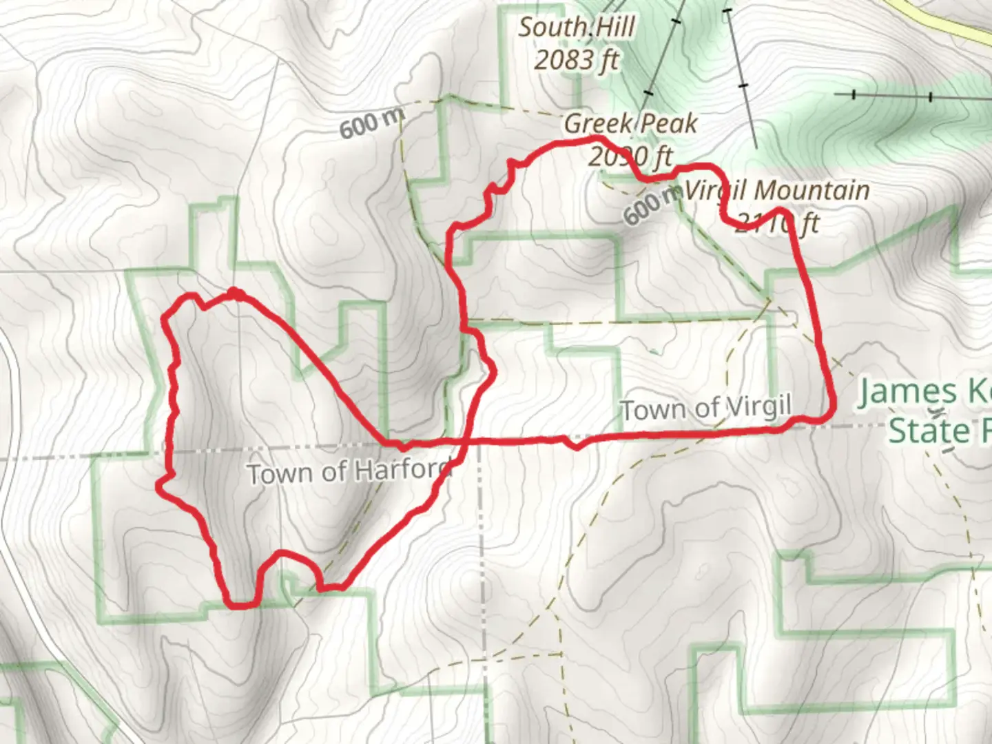 An image depicting the trail Virgil Mountain Loop from Hauck Hill Road and its surrounding area.