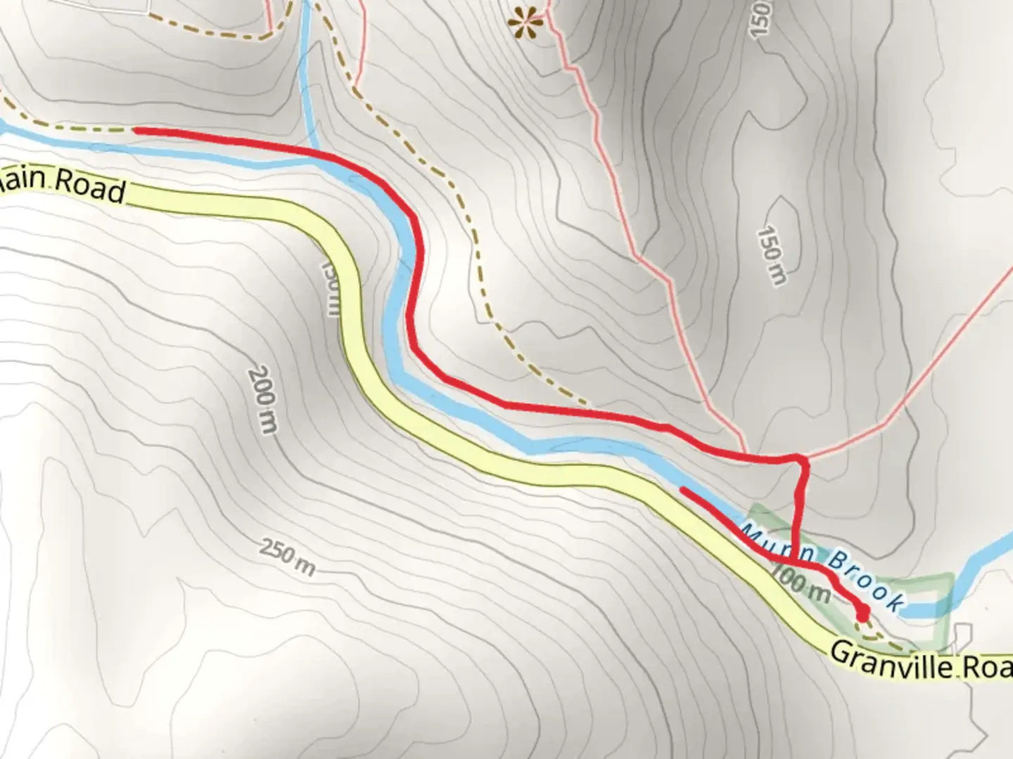 An image depicting the trail Munn Brook from Granville Road and its surrounding area.