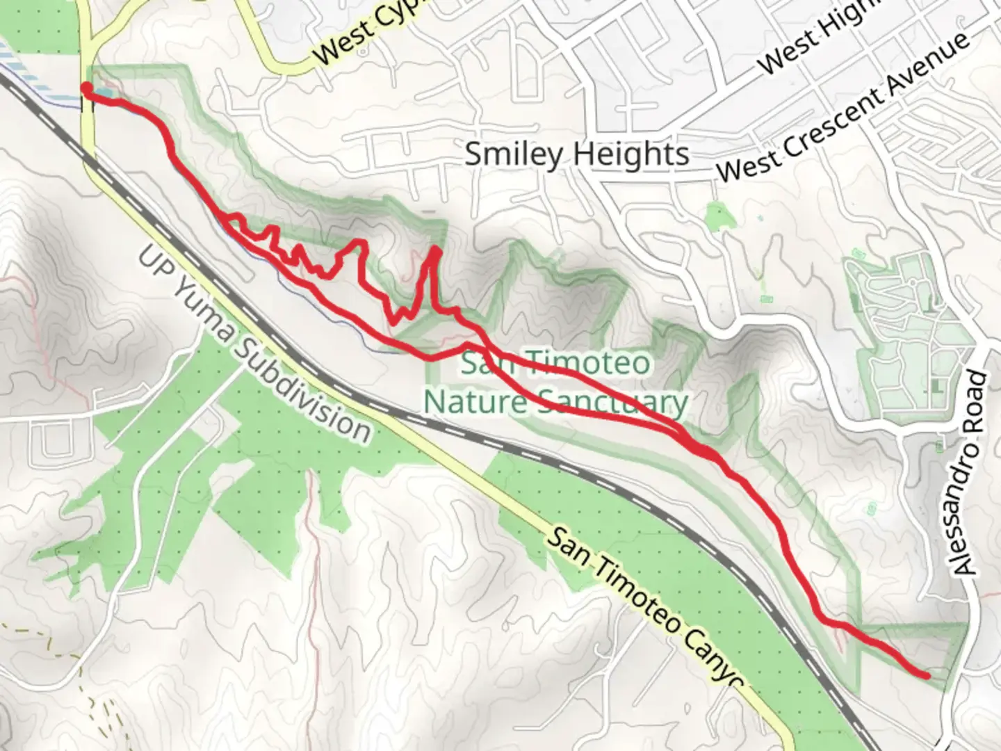 An image depicting the trail Loop along San Timoteo Wash and its surrounding area.