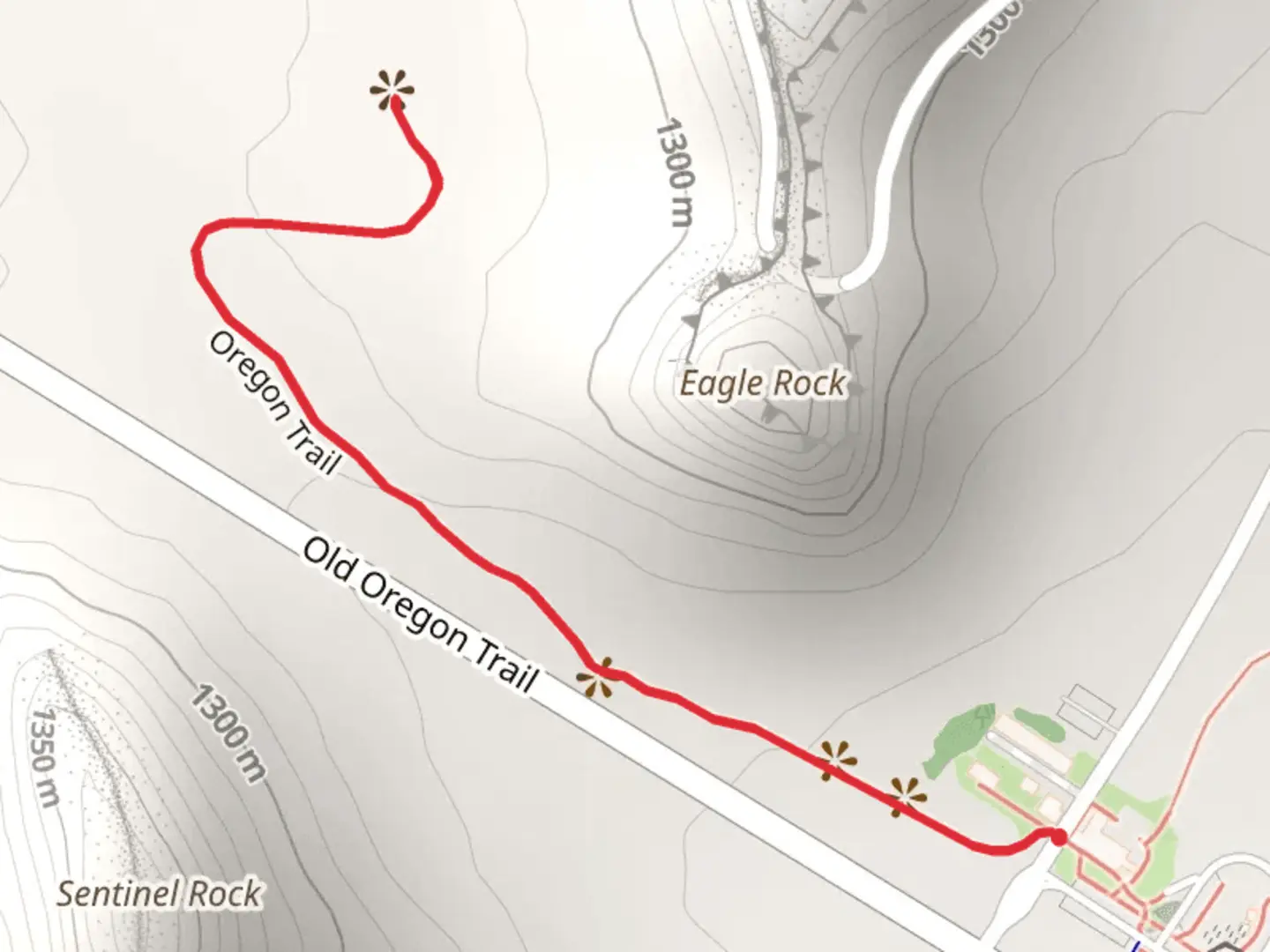 An image depicting the trail Mitchell Pass via Oregon Trail and its surrounding area.