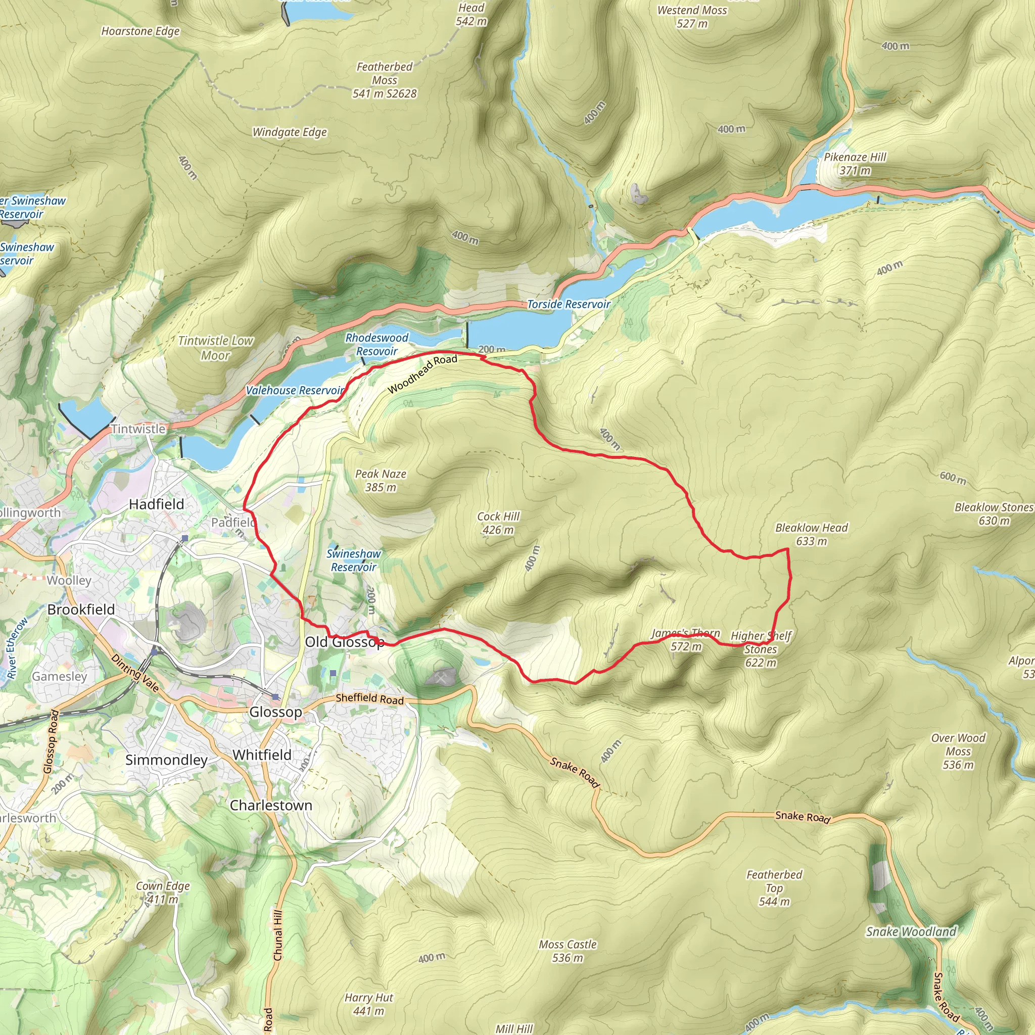 James Thorn and Higher Shelf Stones Loop from Old Glossop mobile static map
