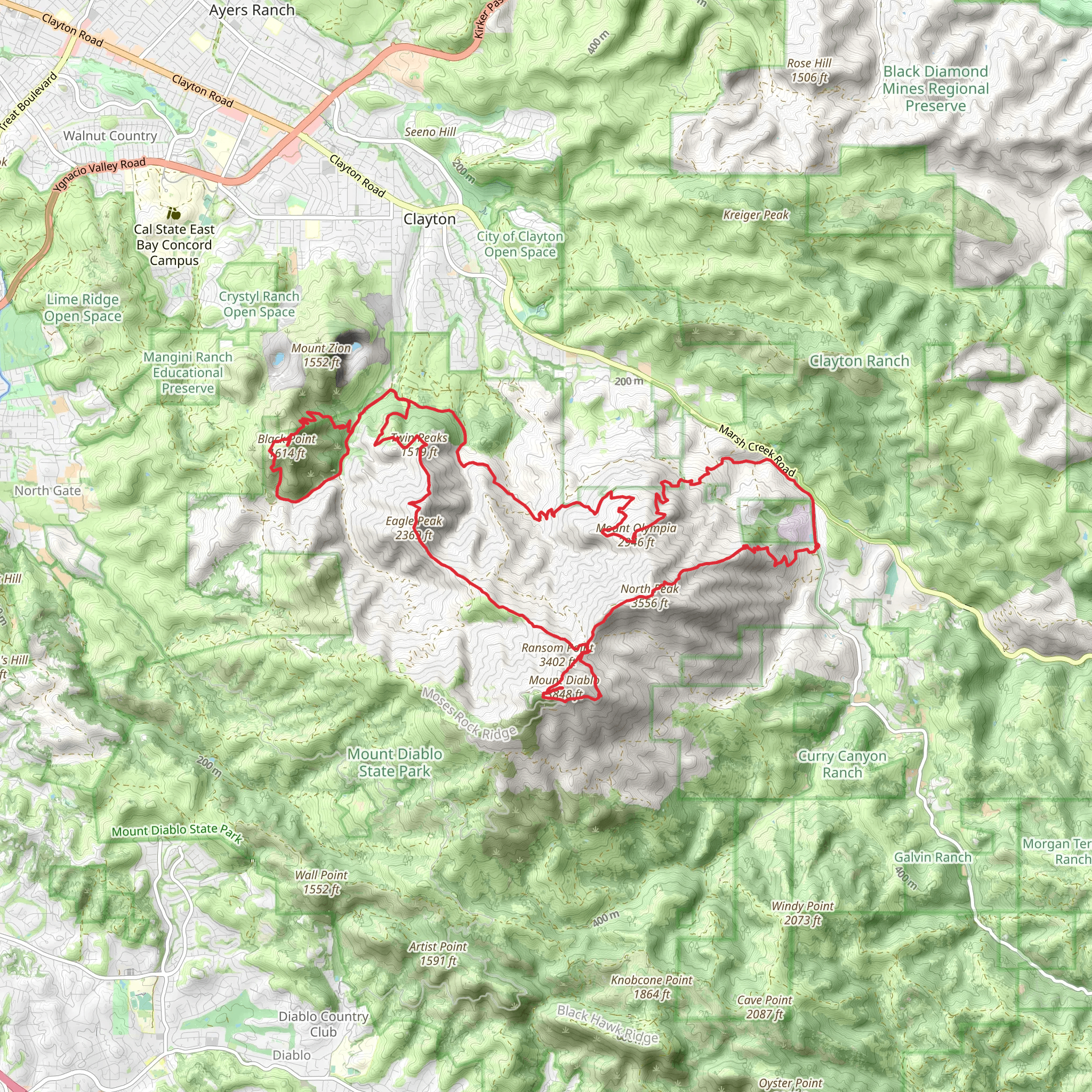 North Peak, Mount Diablo, Eagle Peak, Twin Peaks and Black Point Loop mobile static map