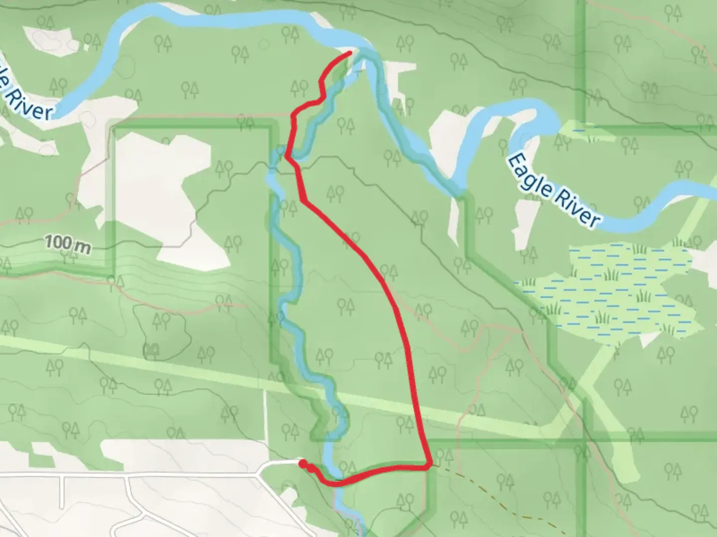 An image depicting the trail Eagle River via Eagle River Greenbelt Trail and its surrounding area.