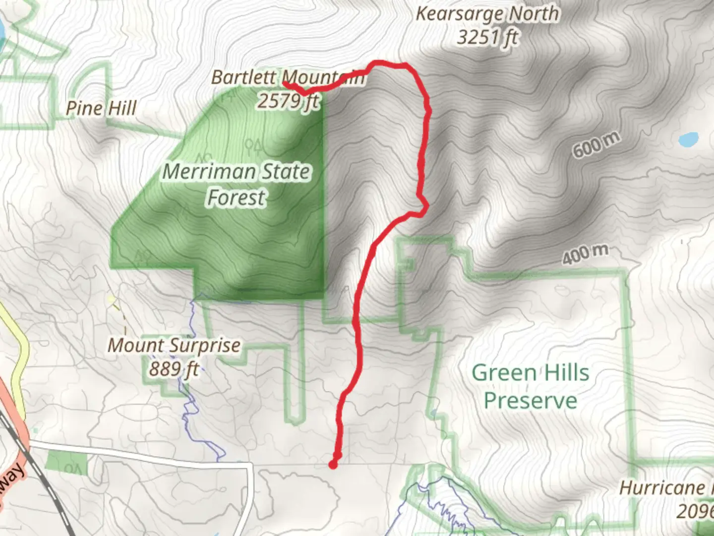 An image depicting the trail Bartlett Mountain via Kearsarge North Trail and its surrounding area.