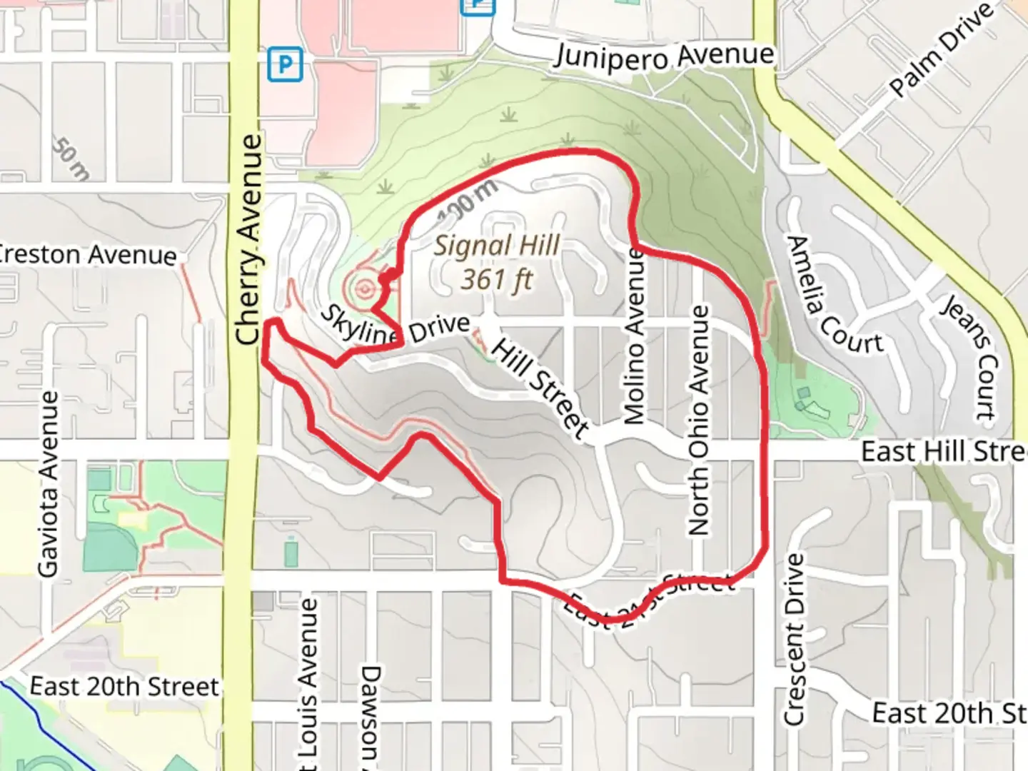 An image depicting the trail Signal Hill Loop and its surrounding area.