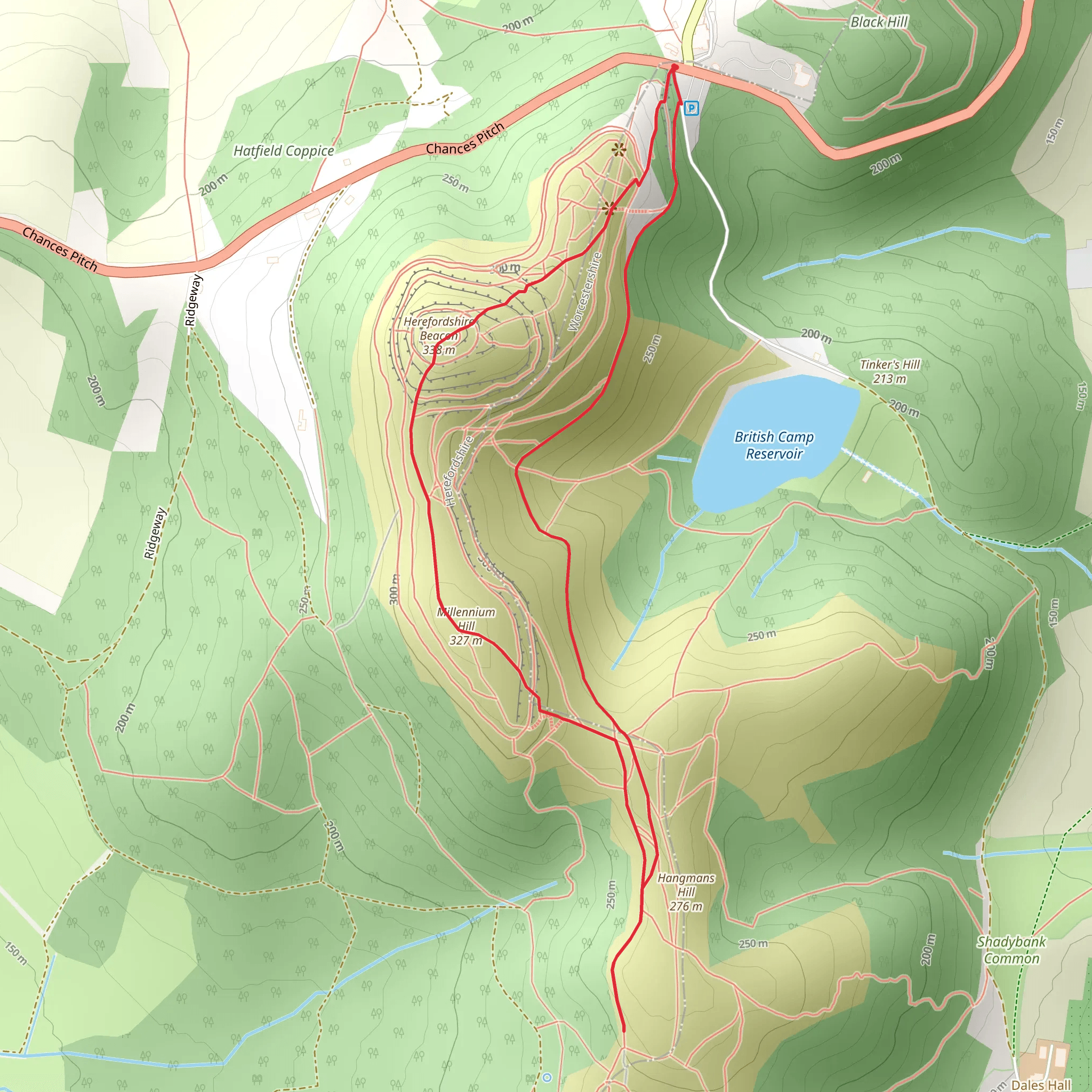 Herefordshire Beacon from British Camp Car Park mobile static map