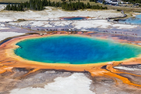 An image depicting the trail Grand Prismatic Overlook Trail and its surrounding area.