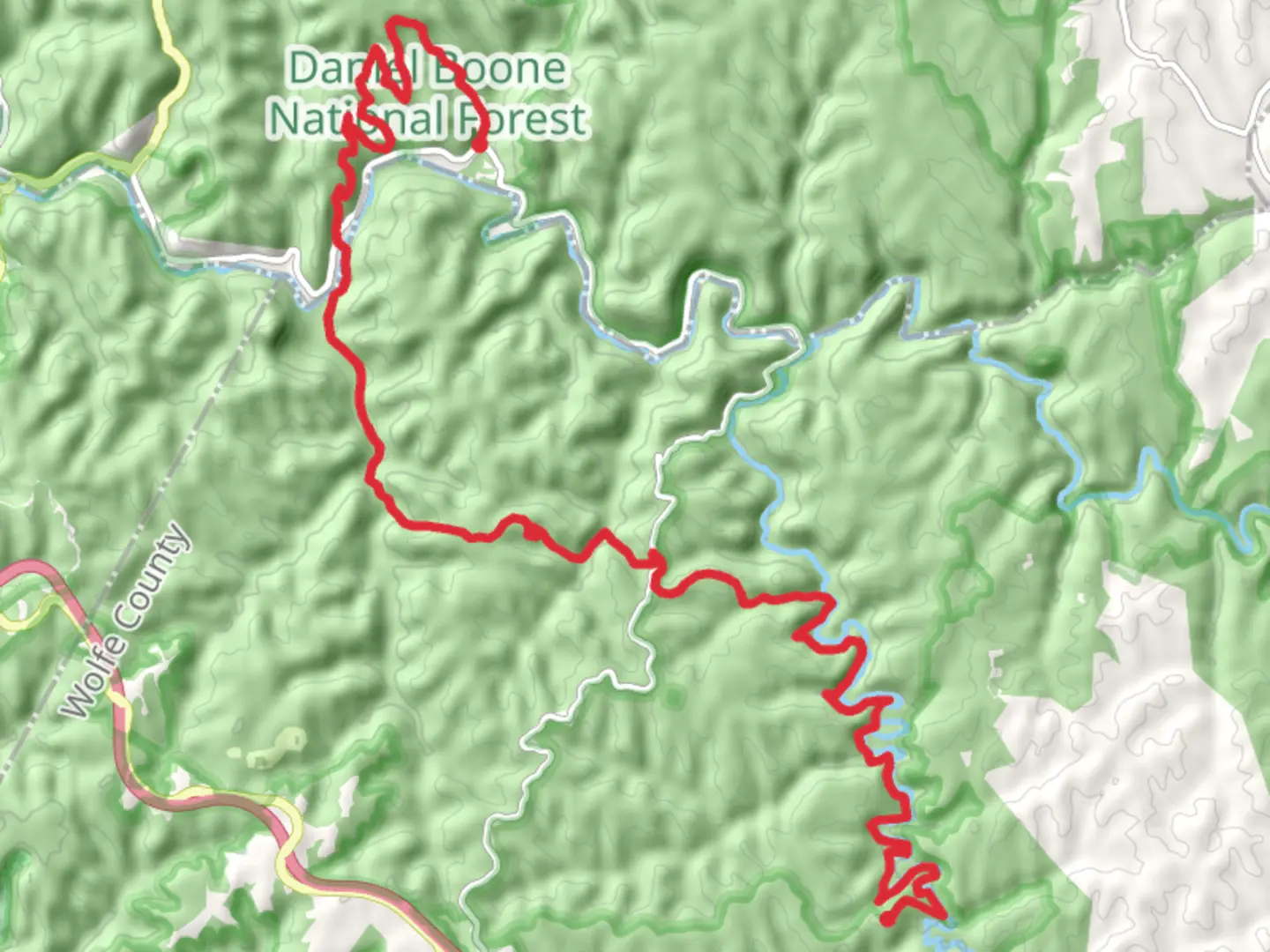 An image depicting the trail Sheltowee Trace Trail and Swift Camp Creek Trail and its surrounding area.