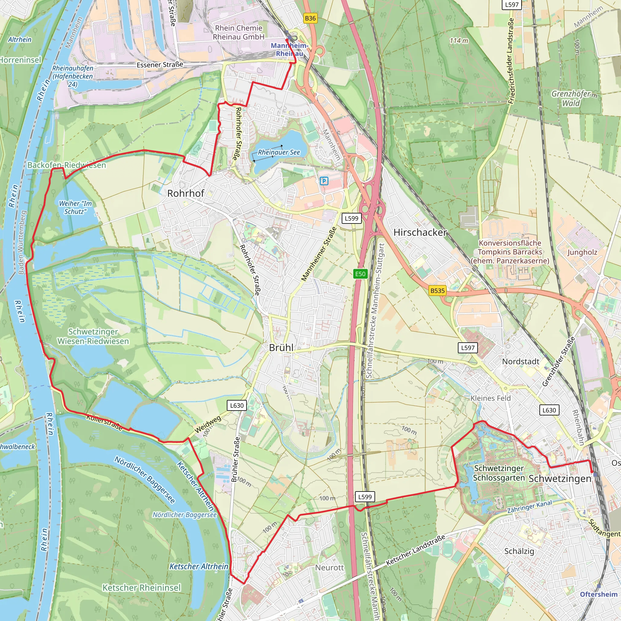 Schwetzingen to Rheinau Walk mobile static map