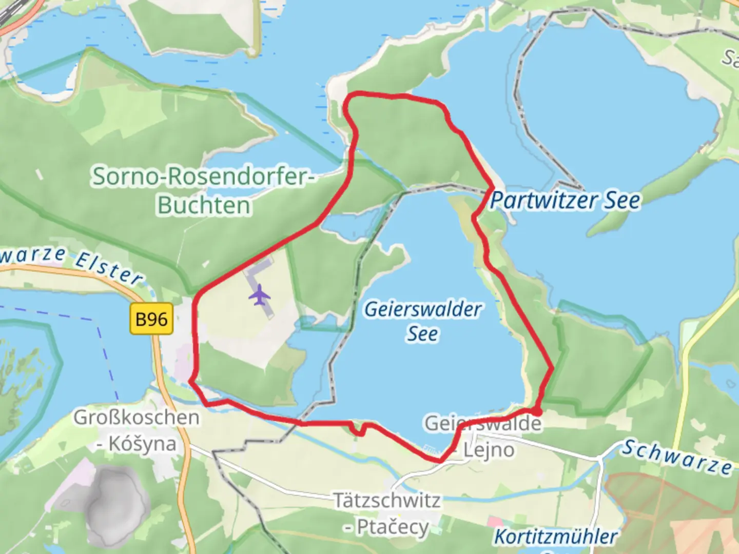 An image depicting the trail Geierswalder See Loop and its surrounding area.