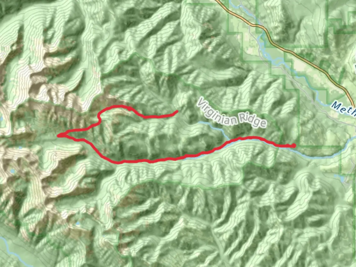 An image depicting the trail Milton Mountain Trail via Wolf Creek Trail and its surrounding area.