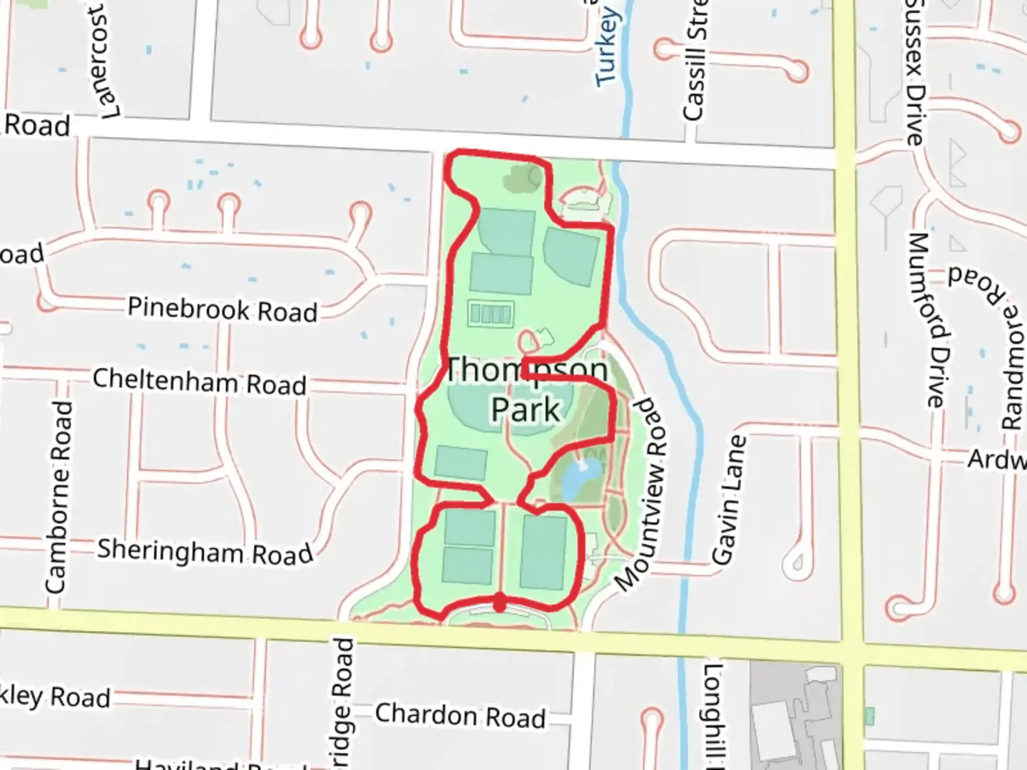 An image depicting the trail Thompson Park Loop and its surrounding area.