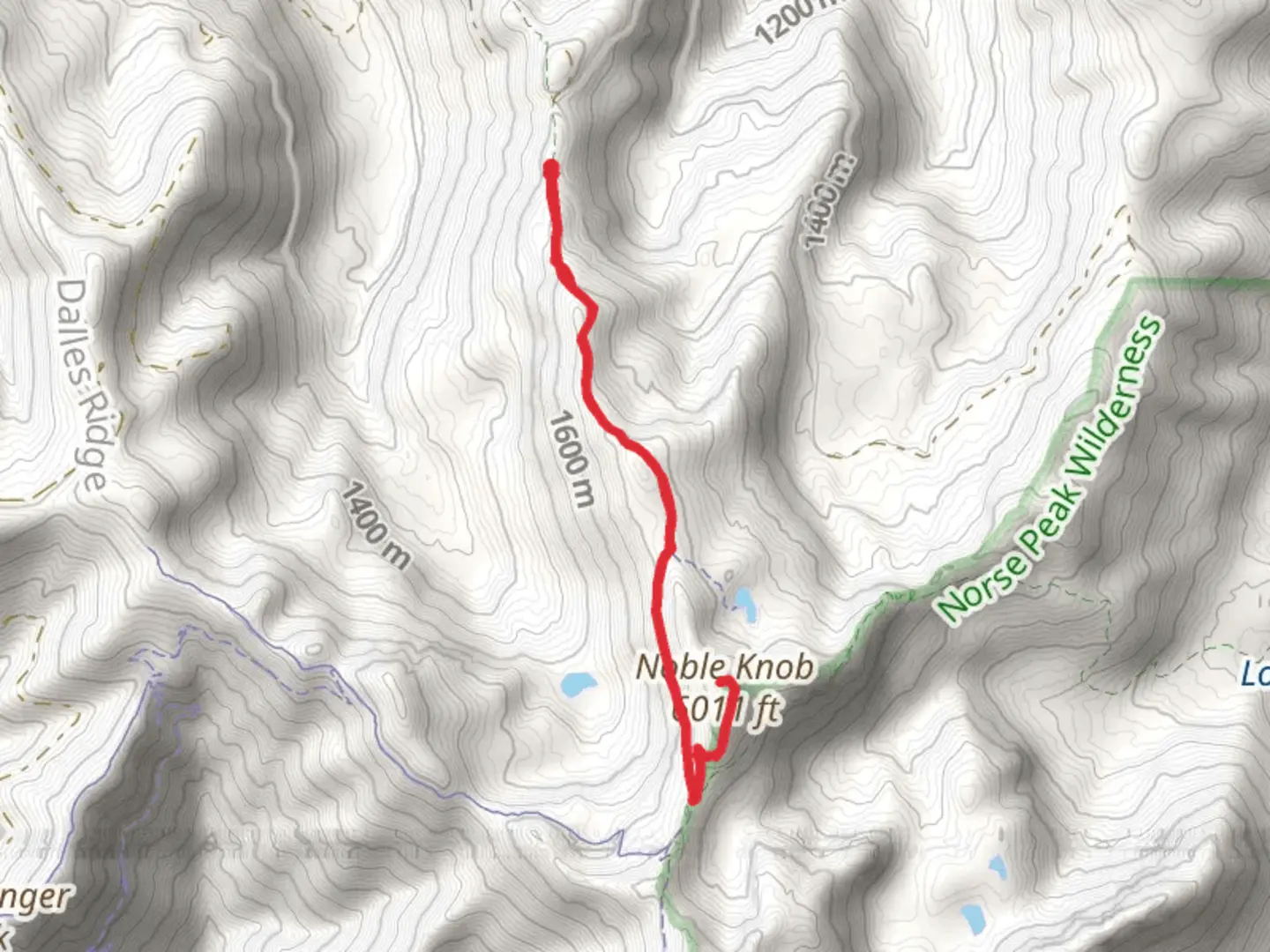An image depicting the trail Noble Knob Out and Back and its surrounding area.