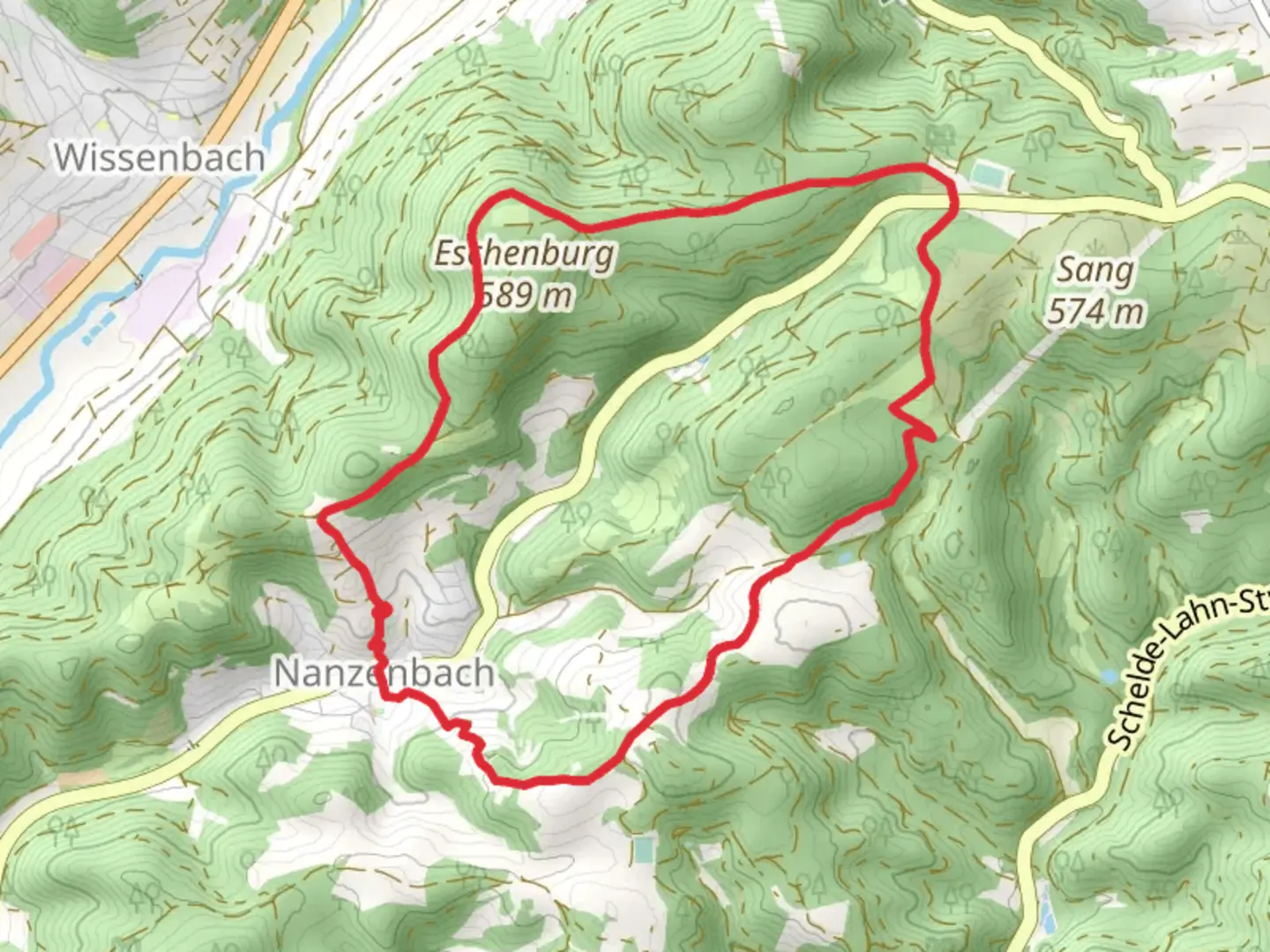 An image depicting the trail Hessenweg and Extratour Eschenburgpfad and its surrounding area.