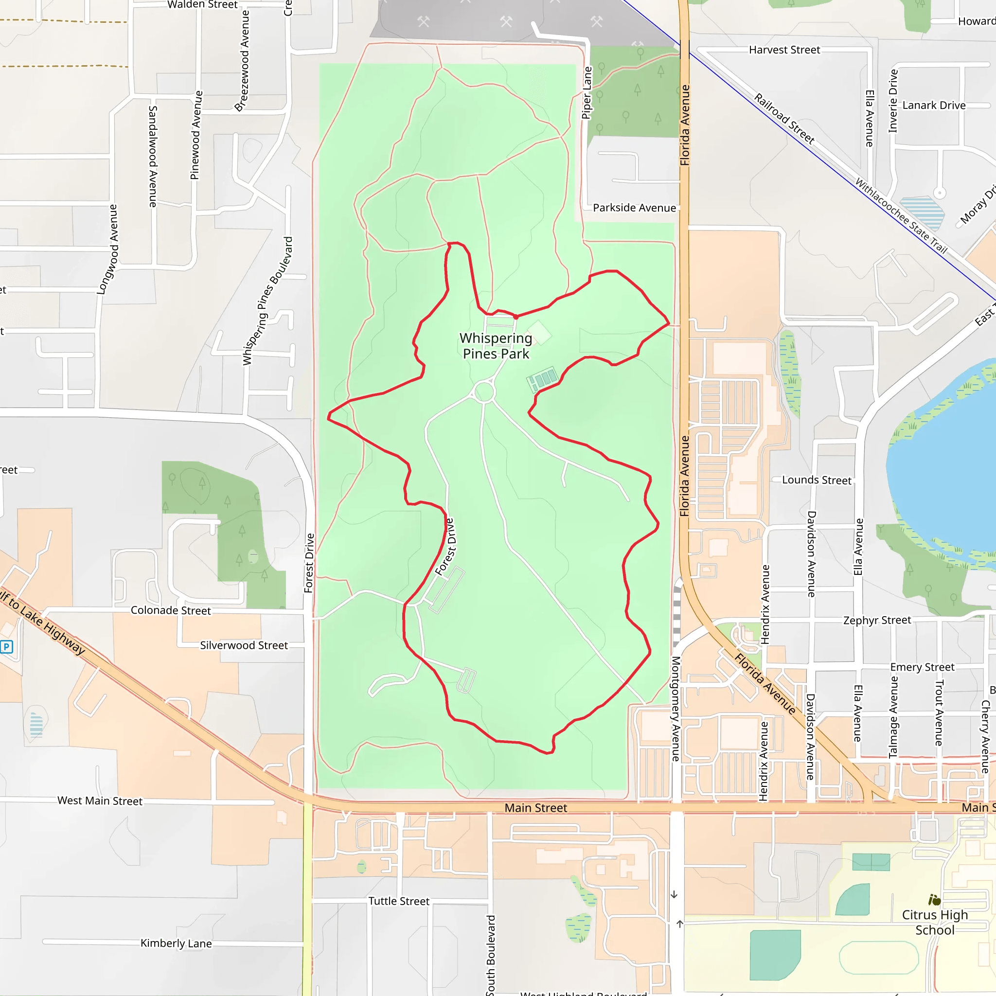 Whispering Pines Park Green and Yellow Loop Trail mobile static map
