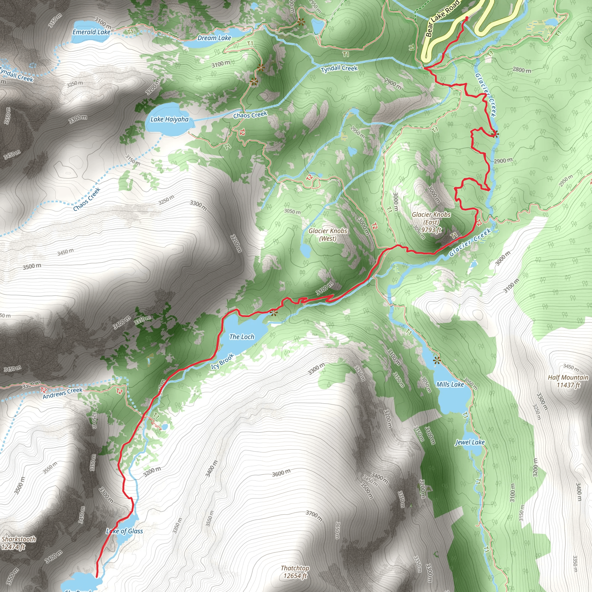 Sky Pond via The Loch and Lake of Glass Trail mobile static map