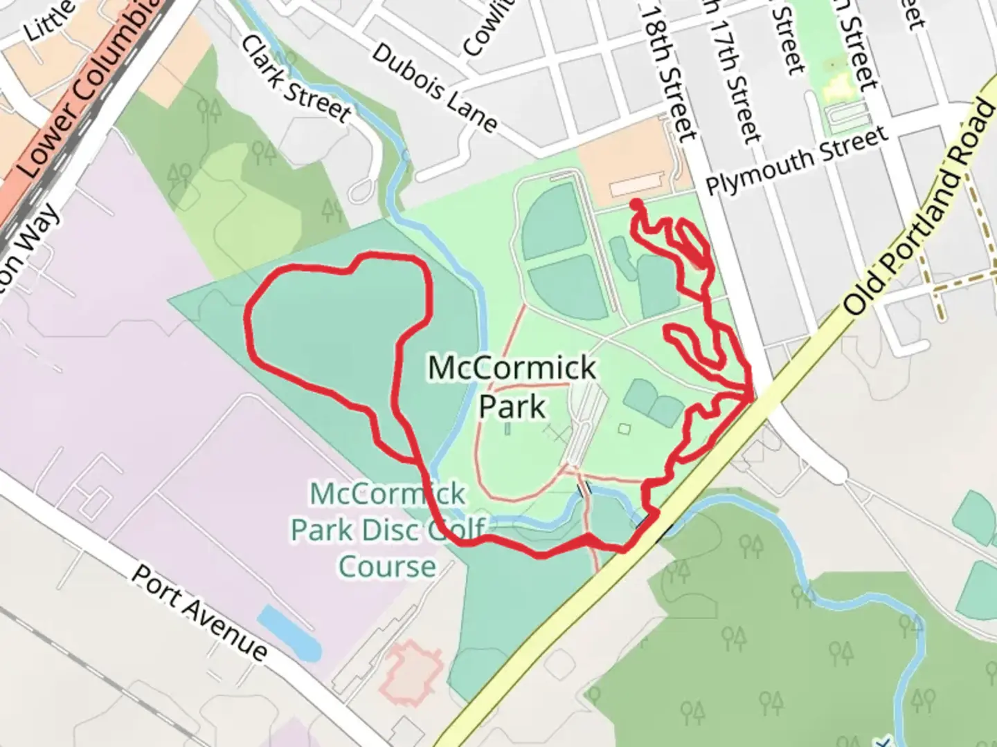 An image depicting the trail Skate Park and McCormick Park Loop and its surrounding area.