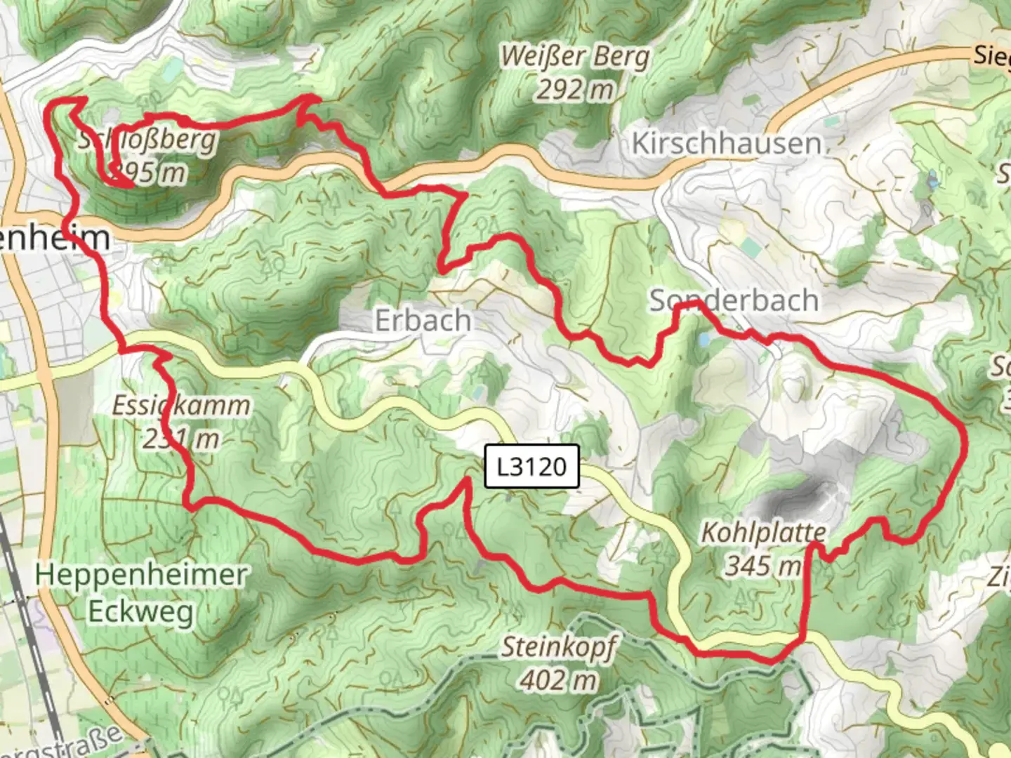 An image depicting the trail Ruine Starkenburg, Kohlplatte and Essigkamm Loop and its surrounding area.