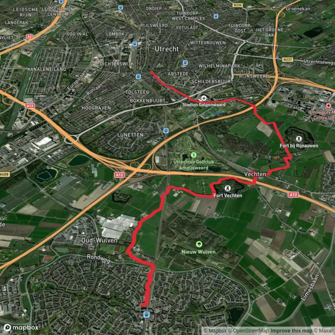 An image depicting the trail Houten to Sint Maarten via Kromme Rijnpad and its surrounding area.