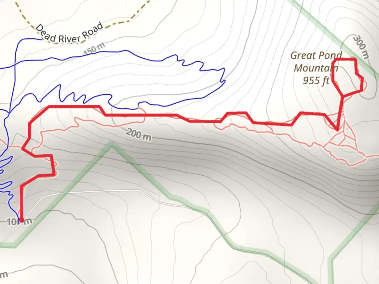 An image depicting the trail Great Pond Mountain from Don Fish Trail and its surrounding area.