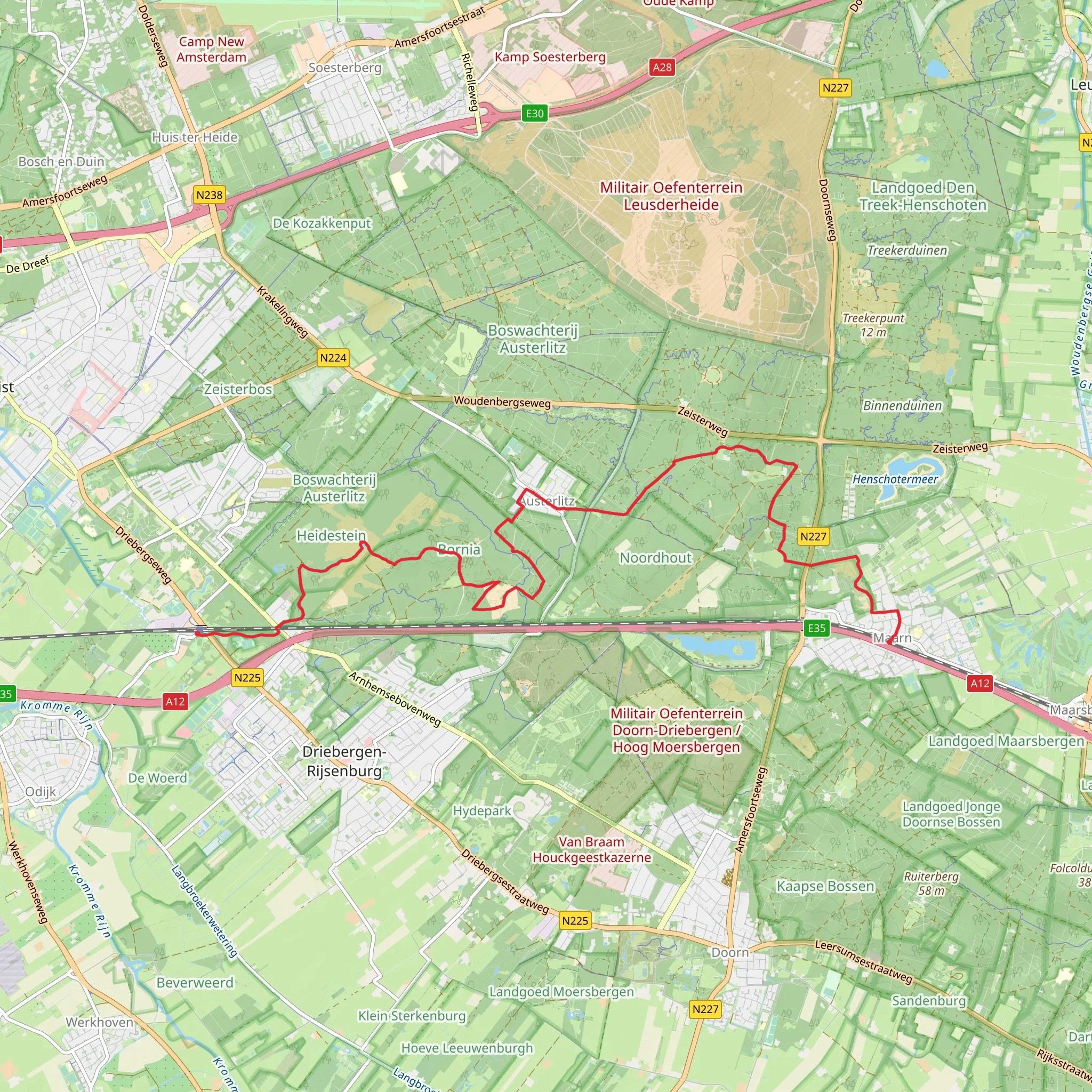 Beerschoten to Maarn via Groot Heidestein, Landgoed Bornia and Koeheuvels mobile static map