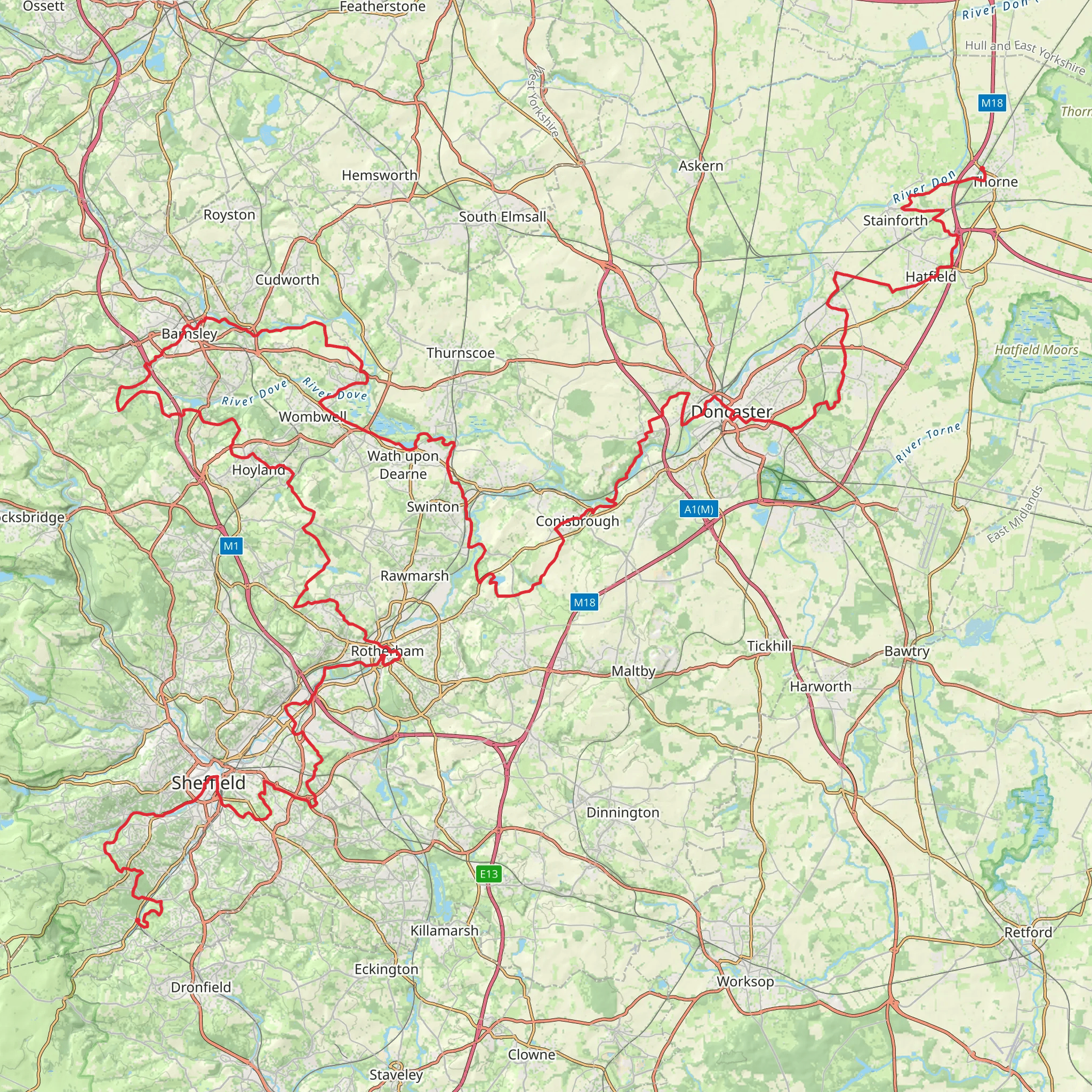 Thorne North to Dore in South Yorkshire mobile static map