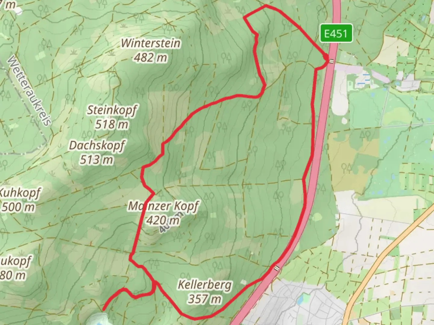 An image depicting the trail Kellerberg, Großer Steinbruch and Mainzer Kopf Loop and its surrounding area.