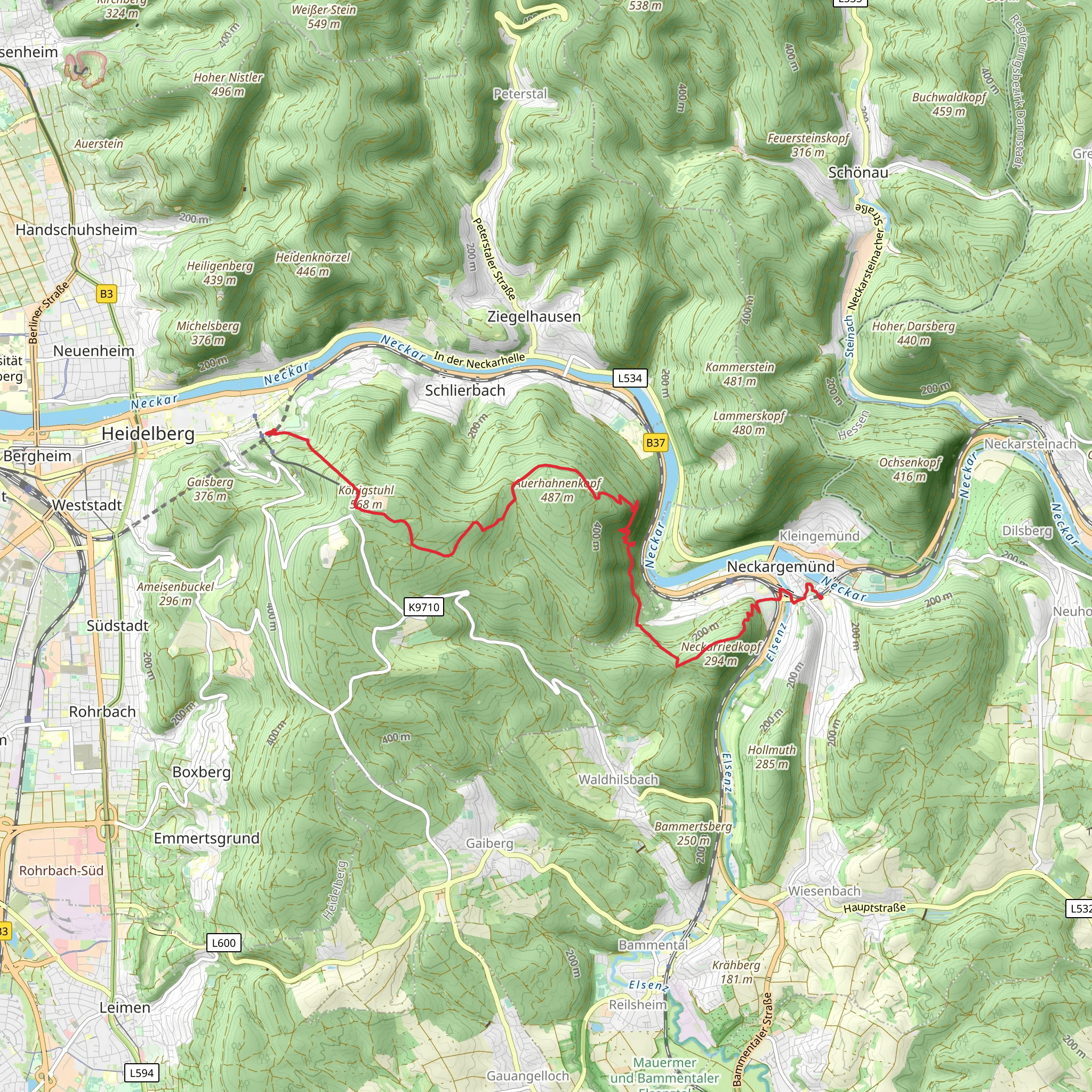 Heidelberg Castle to Neckargemund Walk via Konigstuhl mobile static map