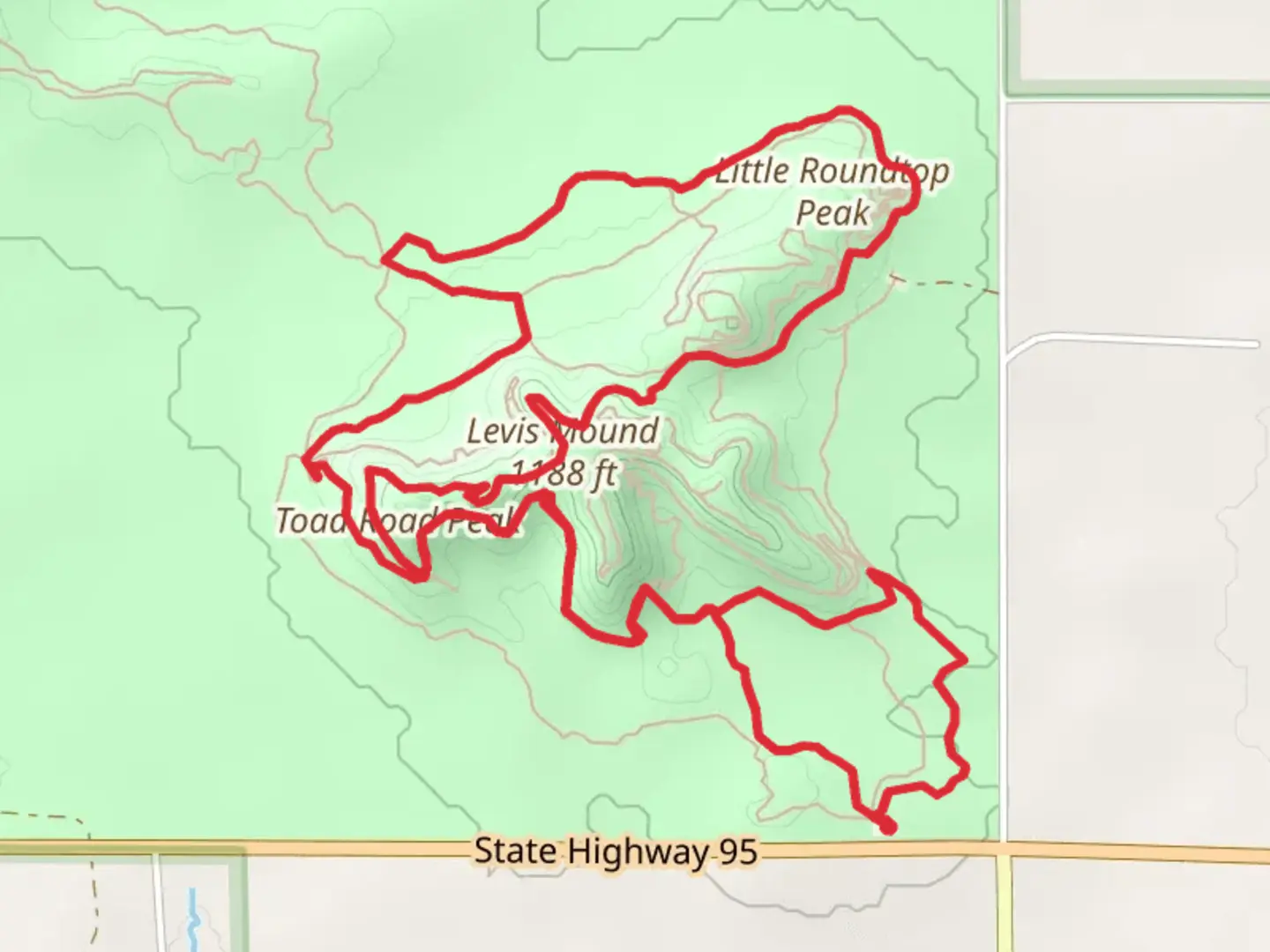 An image depicting the trail Levis Mound, Toad Road Peak and Little Roundtop Peak Loop and its surrounding area.