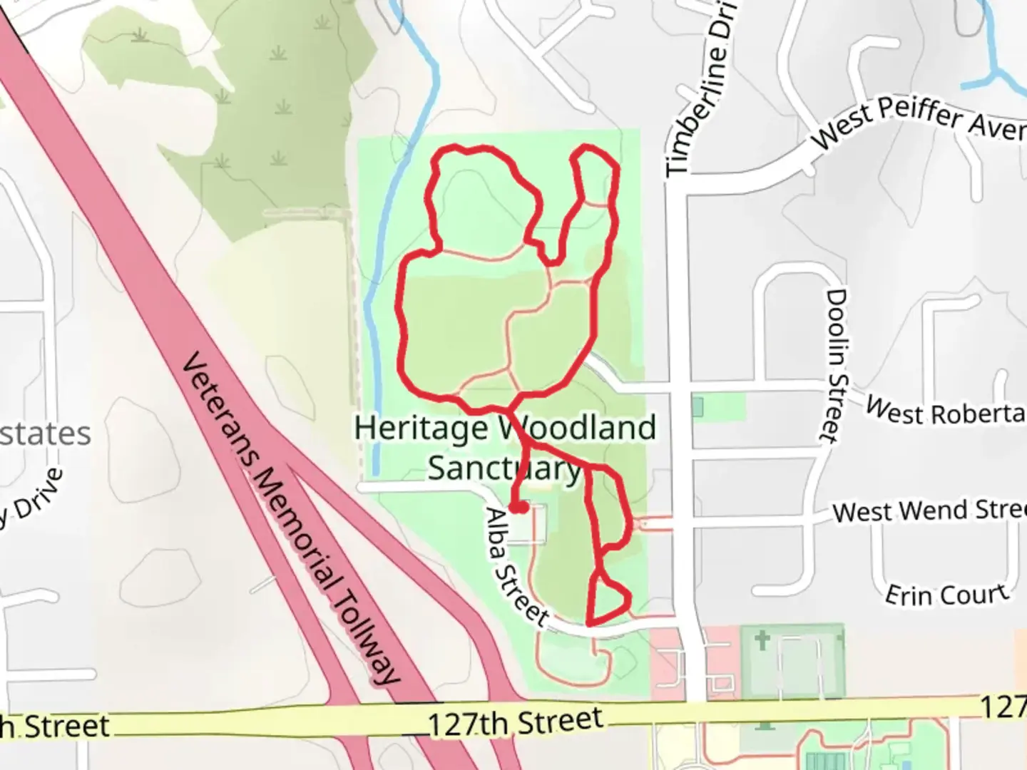 An image depicting the trail Heritage Woodland Sanctuary Loop and its surrounding area.