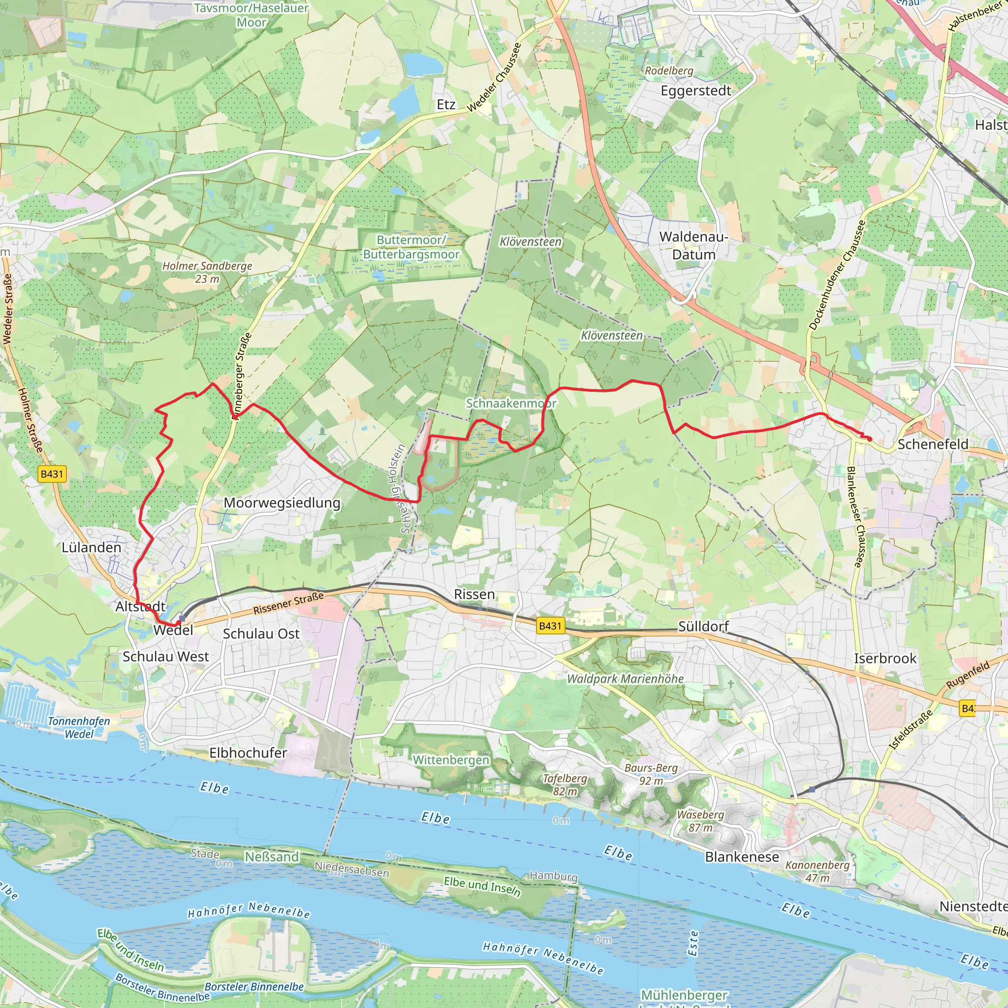 Schenefeld to Wedel via Feldweg and Siedmoorweg mobile static map