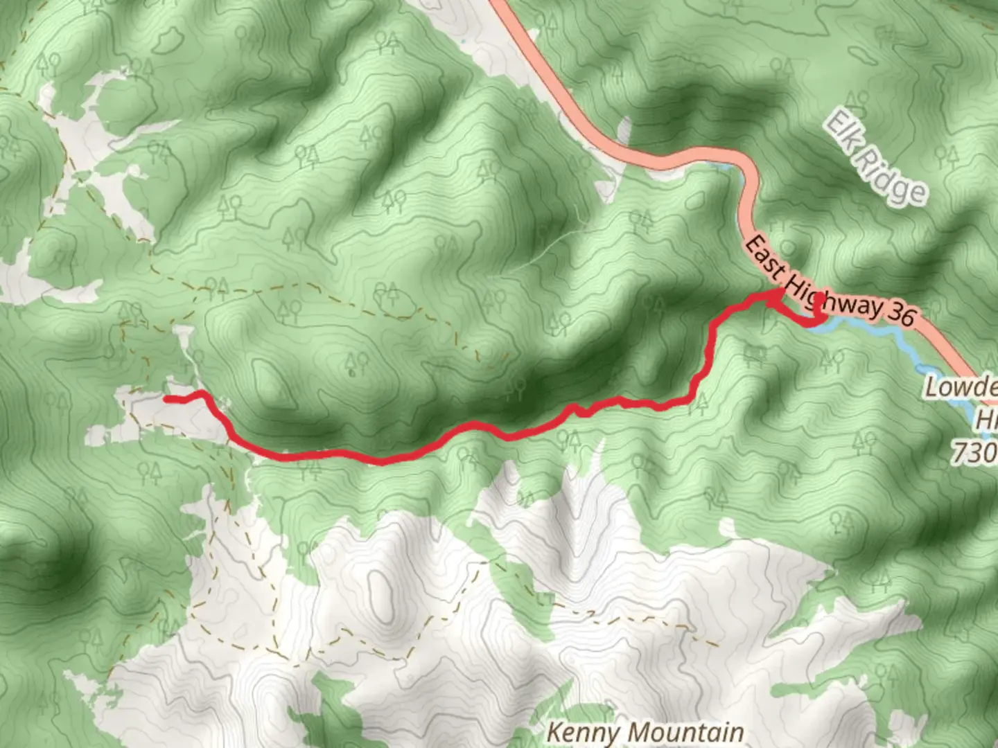 An image depicting the trail Lion Gulch Trail from US Highway 36 and its surrounding area.