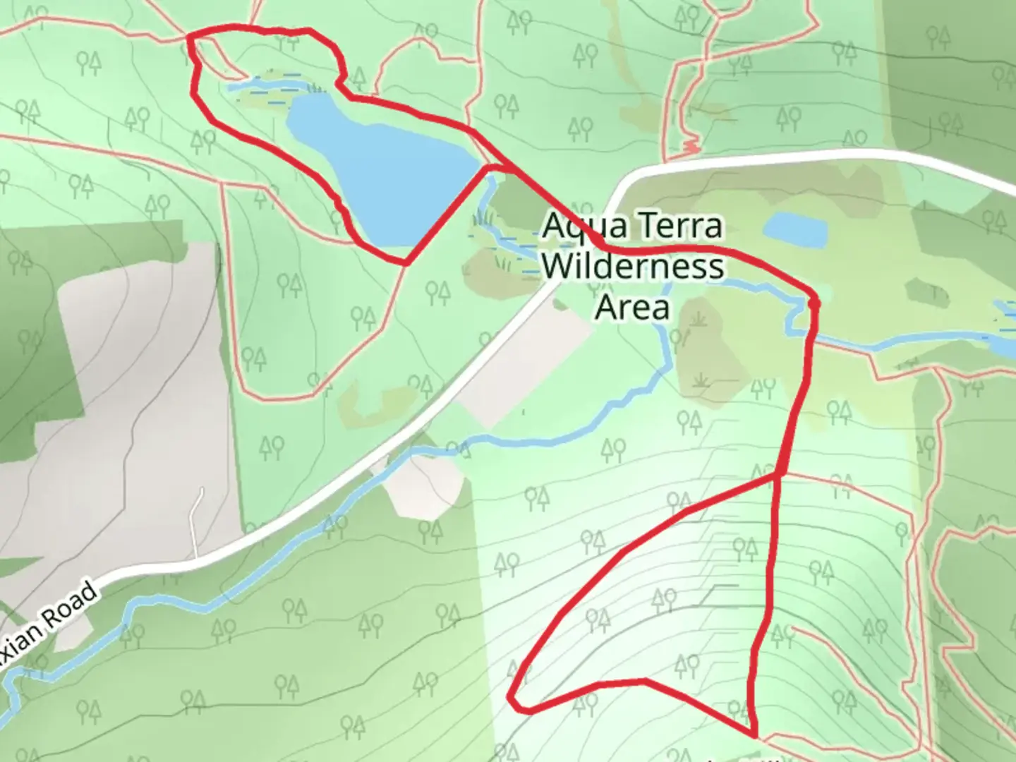 An image depicting the trail Lucky Hill and Agwaterra Pond Loop and its surrounding area.