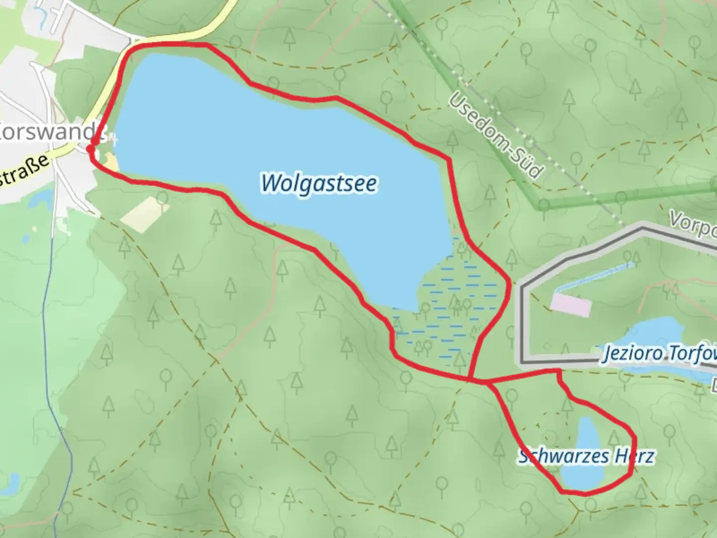 An image depicting the trail Wolgastsee and Schwarzes Herz Loop and its surrounding area.