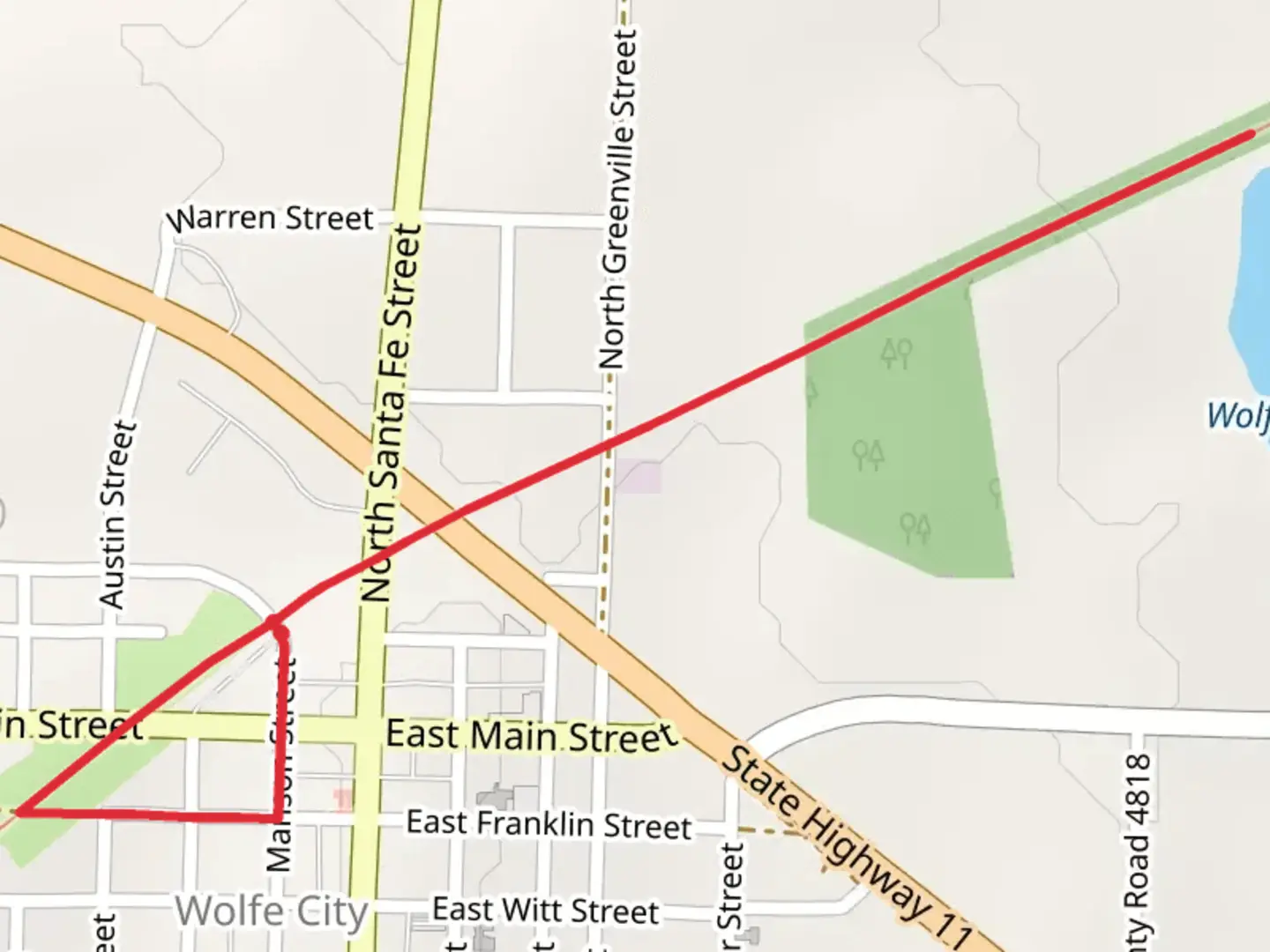 An image depicting the trail Wolfe City Reservoir via Northeast Texas Trail and its surrounding area.